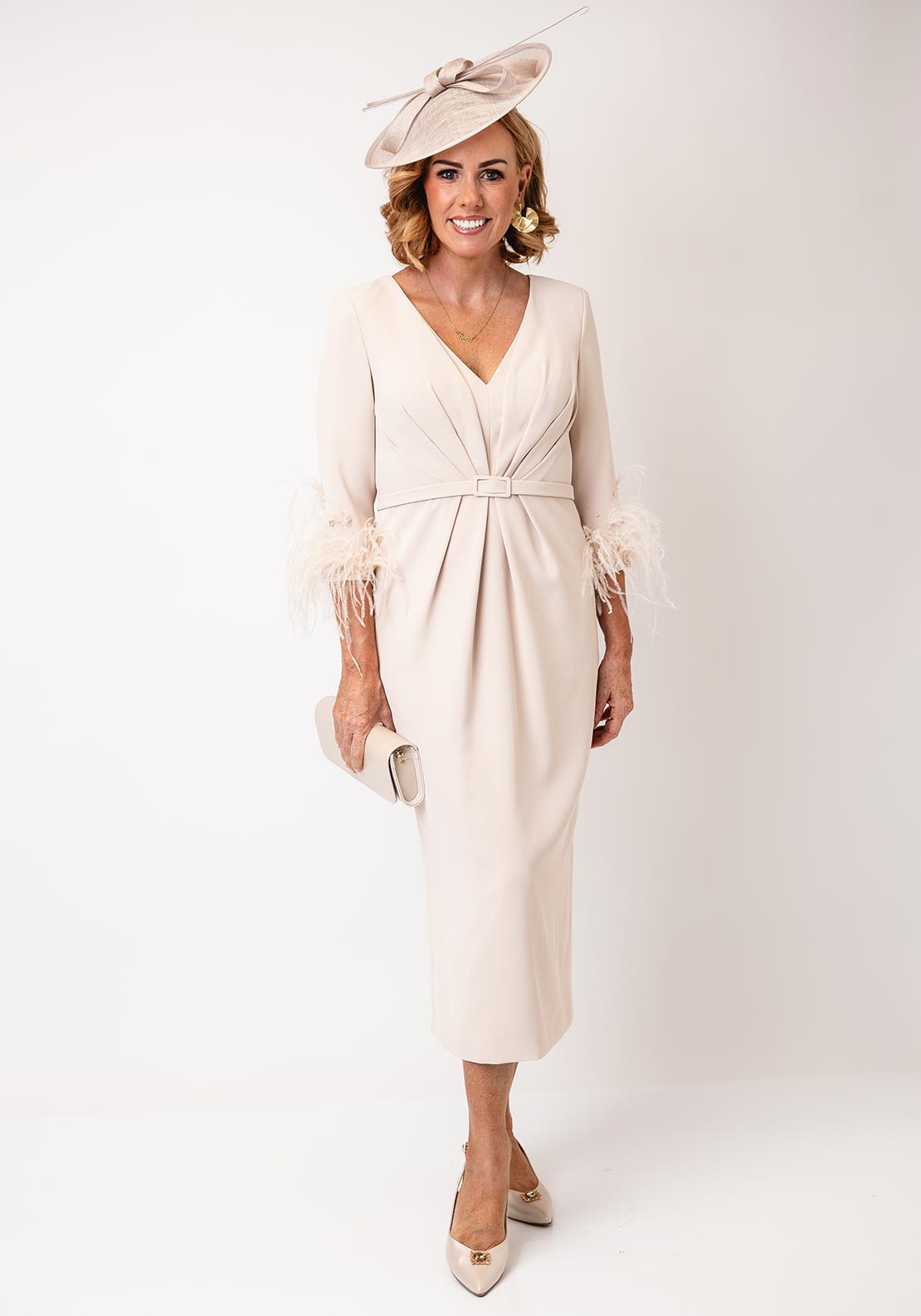 Couture Club Feather Sleeve Pencil Midi Dress, Fuchsia Beige - McElhinneys Couture Club Feather Sleeve Pencil Midi Dress, Fuchsia Beige - McElhinneys