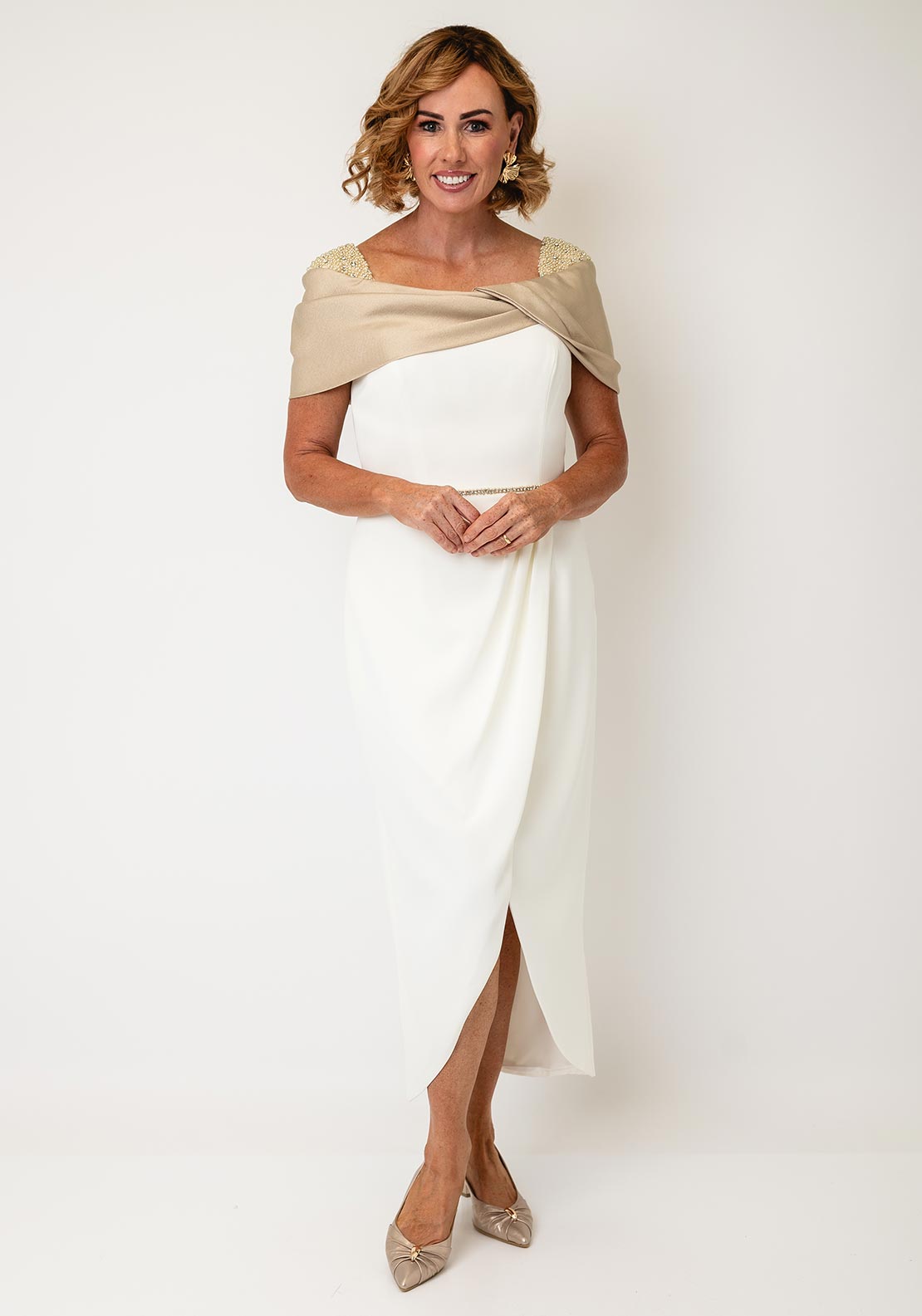 white and gold club dress Couture Club Shoulder Detail Midi Dress, White and Gold
