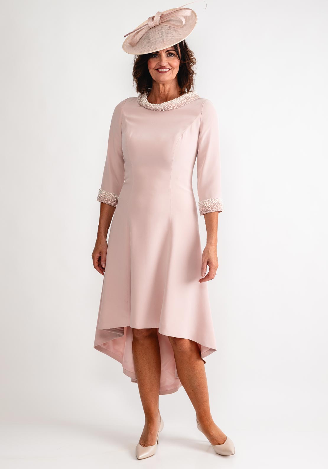 pink dipped hem dress Sequin & Satin Dipped Hem Midi Dress - Blush
