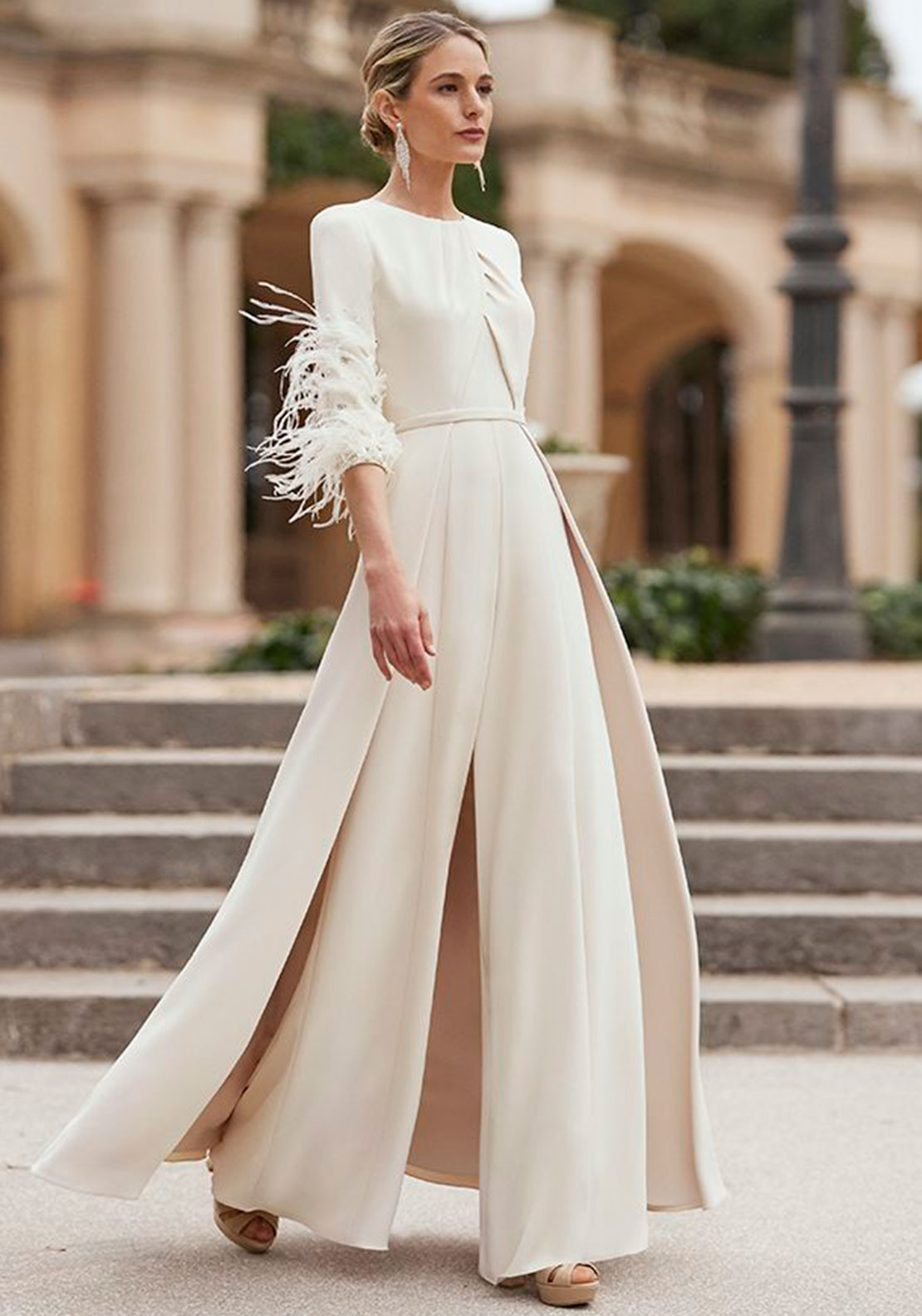 Couture Club Feather Sleeve Cape Jumpsuit, Beige McElhinneys