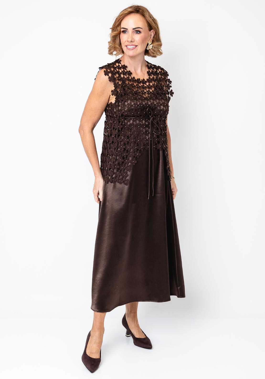 Darling Crochet Flower Midi Dress, Brown