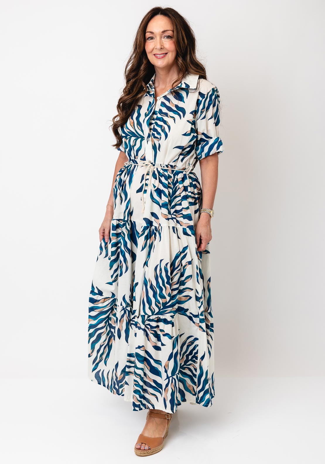 D.E.C.K by Decollage One Size Leaf Print Tiered Shirt Dress, Navy