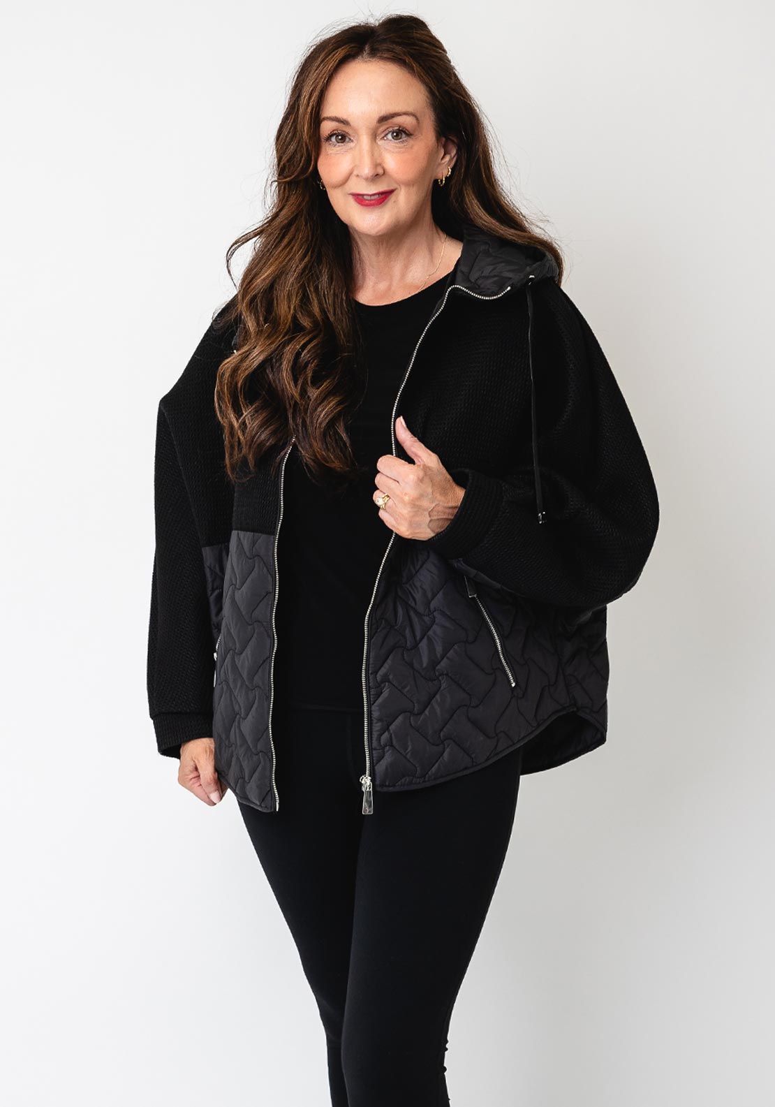 d.e.c.k By Decollage Waffle and Quilted Hooded Coat, Black