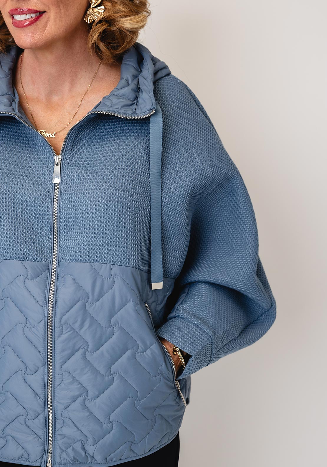 d.e.c.k By Decollage Waffle and Quilted Hooded Coat, Blue