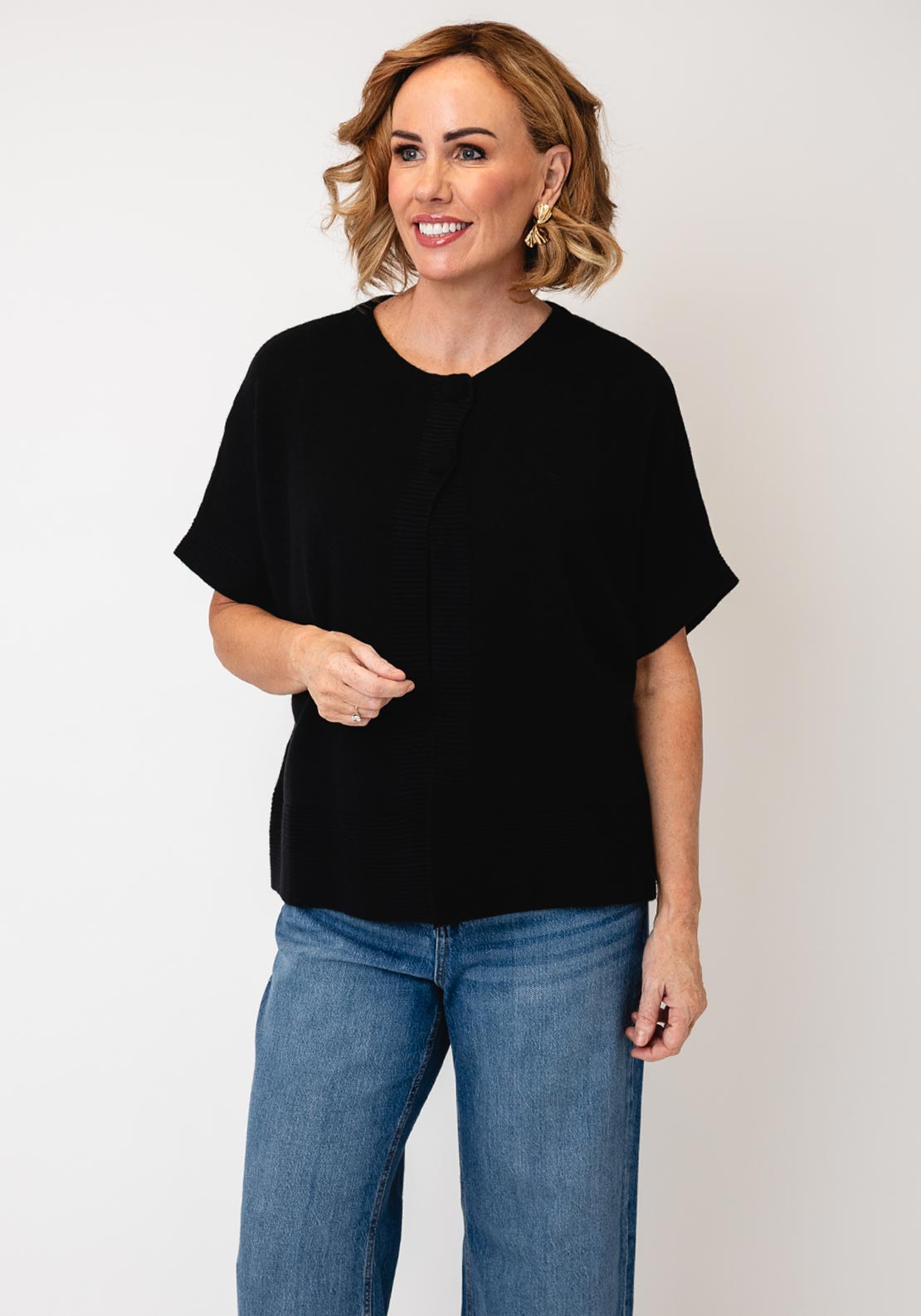 d.e.c.k By Decollage Short Sleeve Button Cardigan, Black