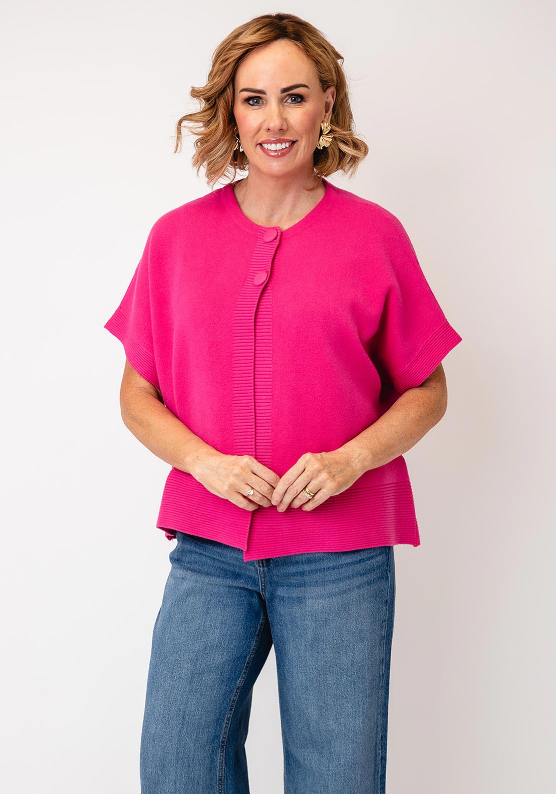 d.e.c.k By Decollage Short Sleeve Button Cardigan, Pink
