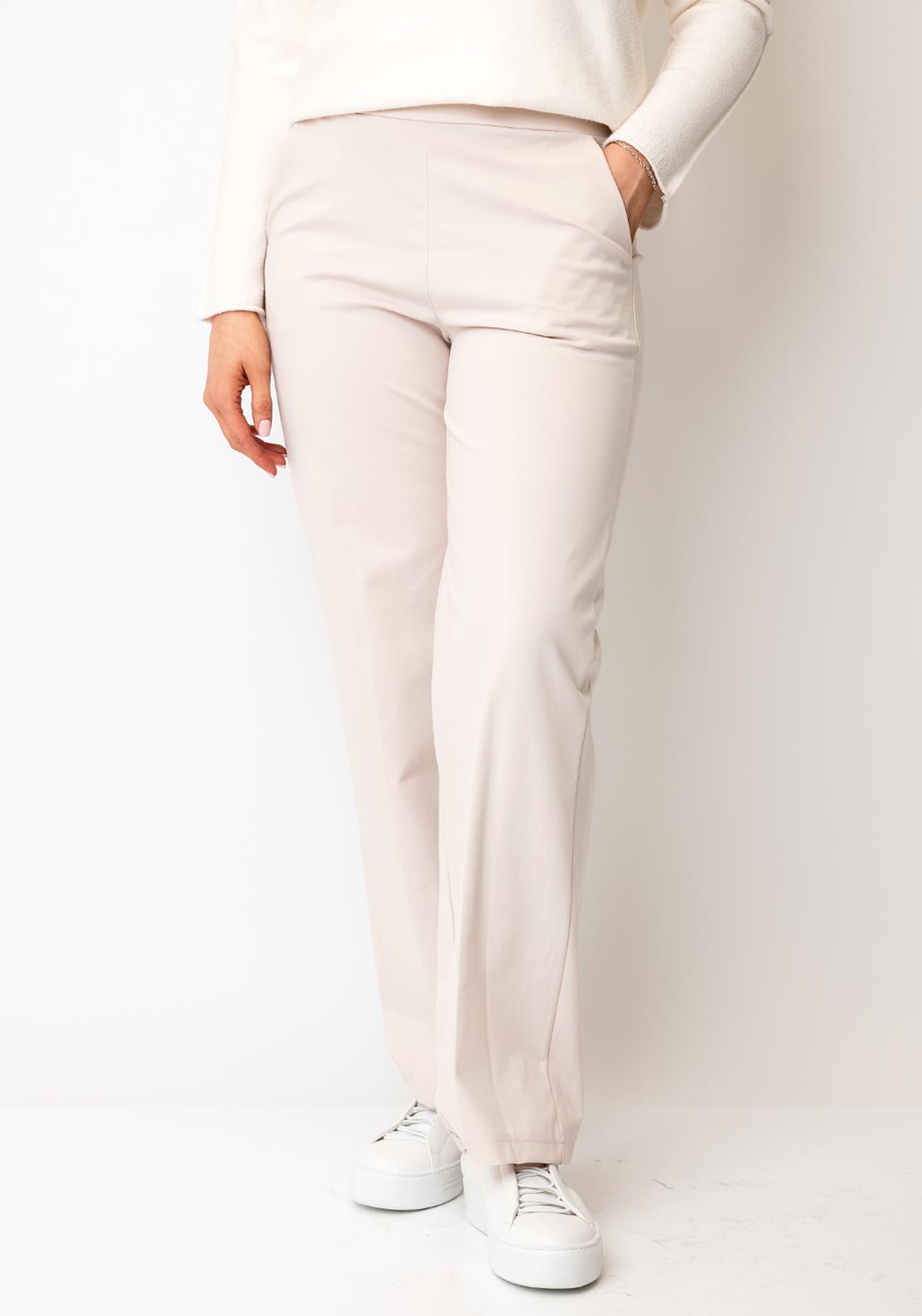 by Decollage Elasticated Straight Leg Trousers, Sand