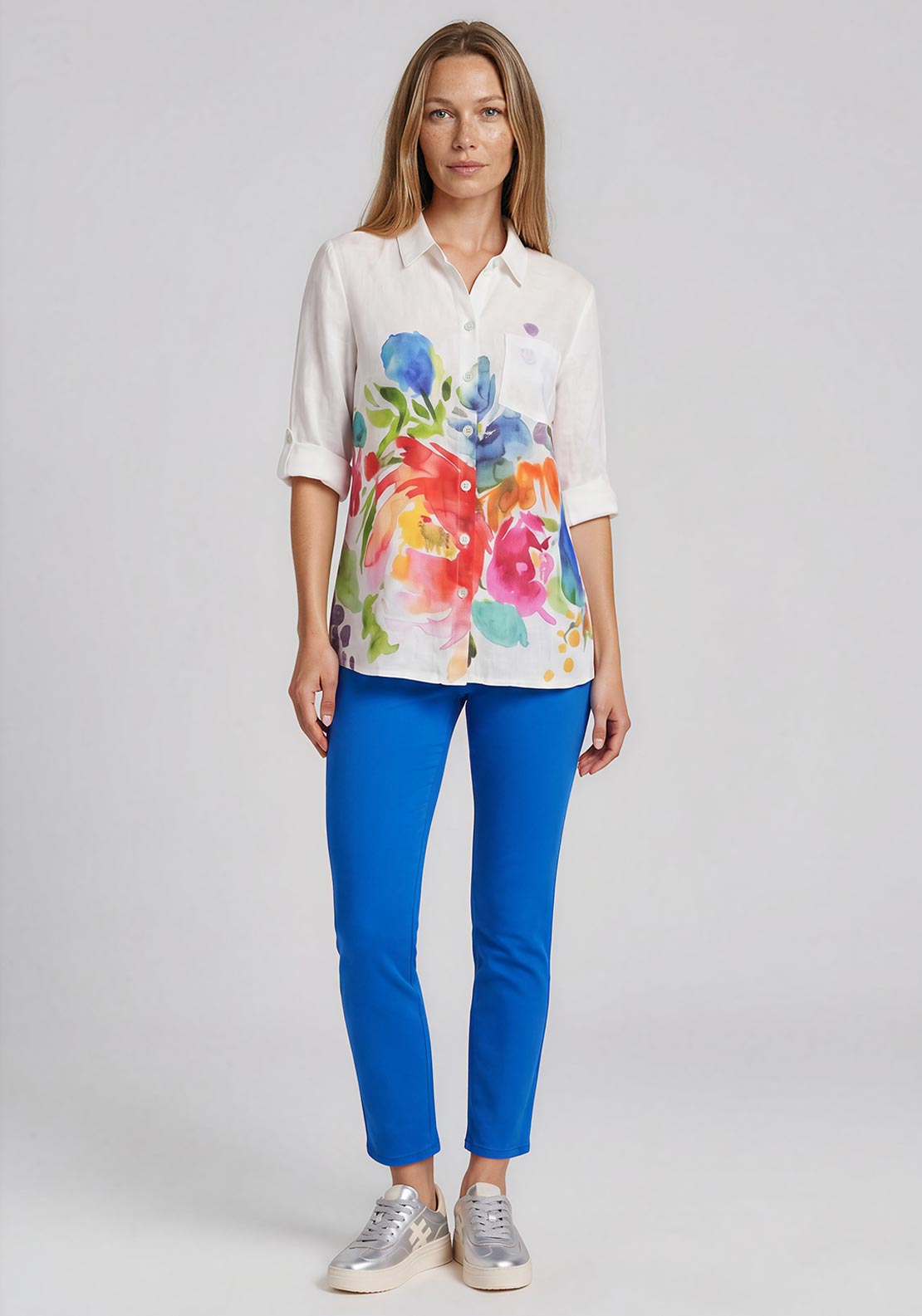 Dolcezza Floral Button Up Shirt, White Multi