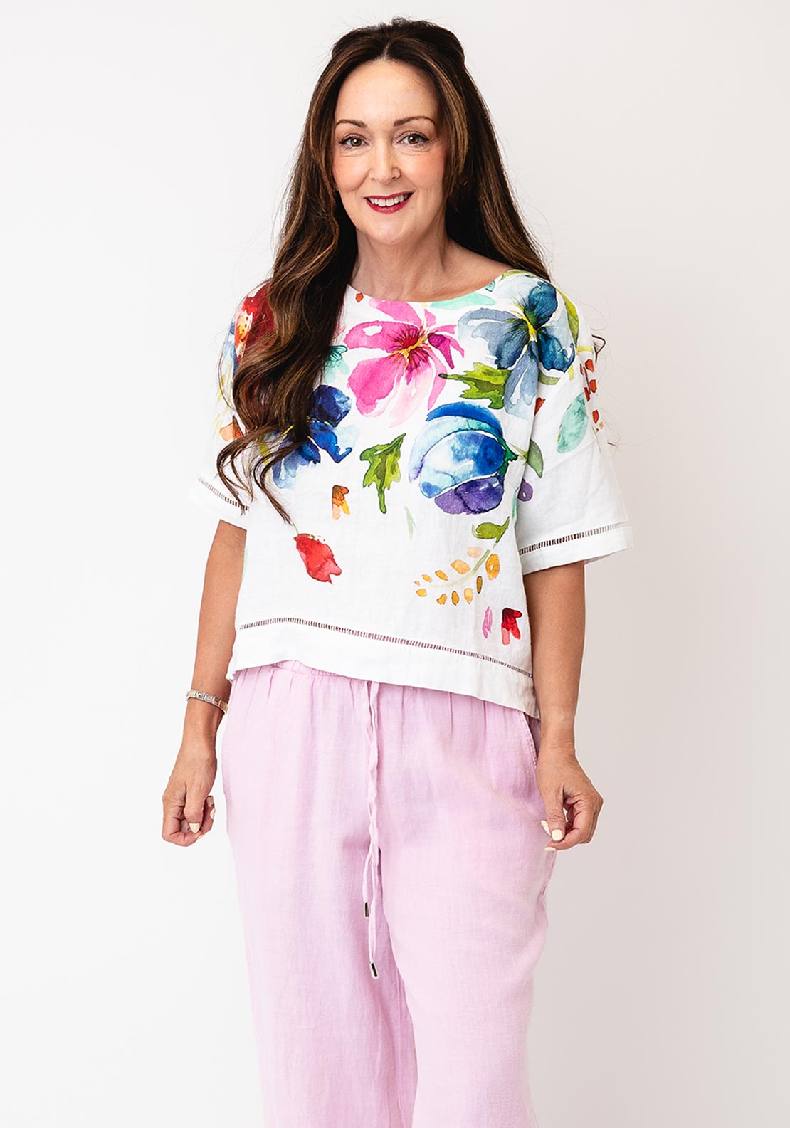 Dolcezza Button-Down Floral Detail Blouse, White Multi