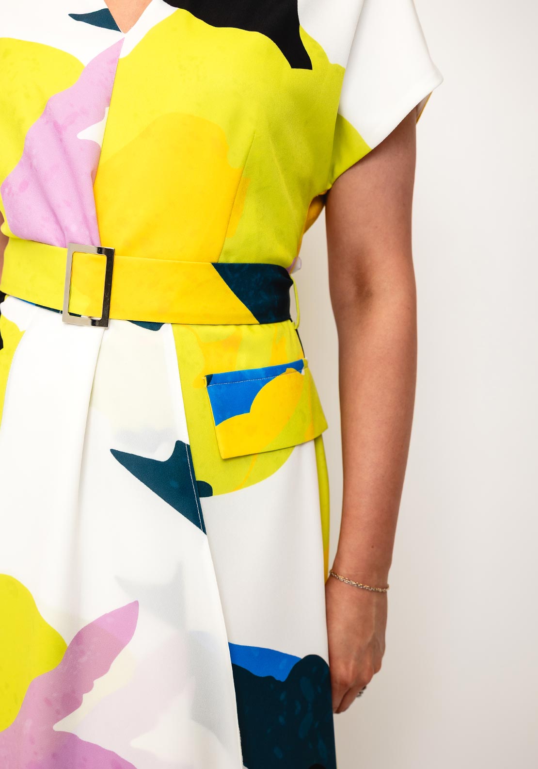Ella Boo Printed V Neck Belted Aline Dress, Yellow