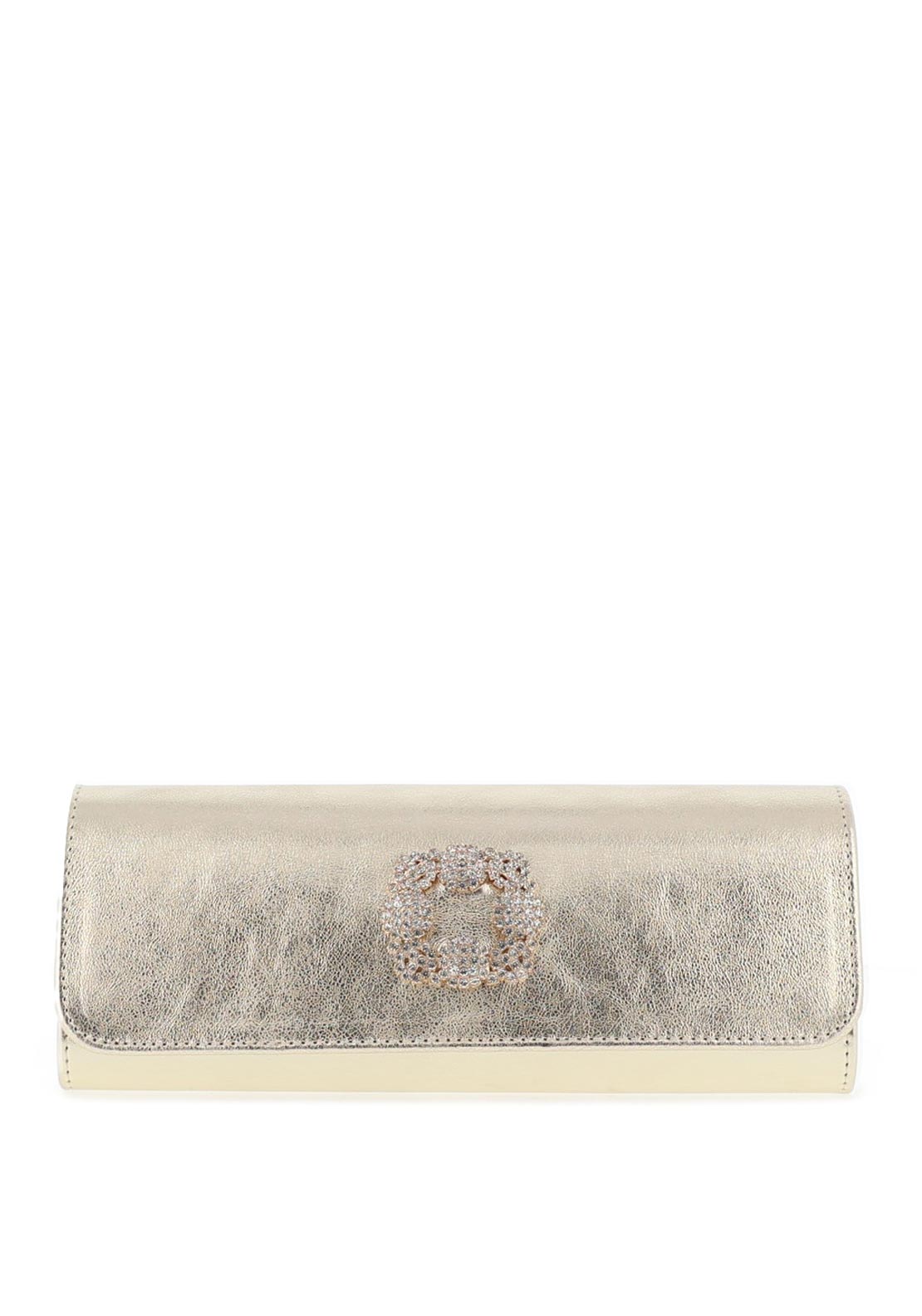 Emis Leather Embellished Brooch Clutch Bag, Gold