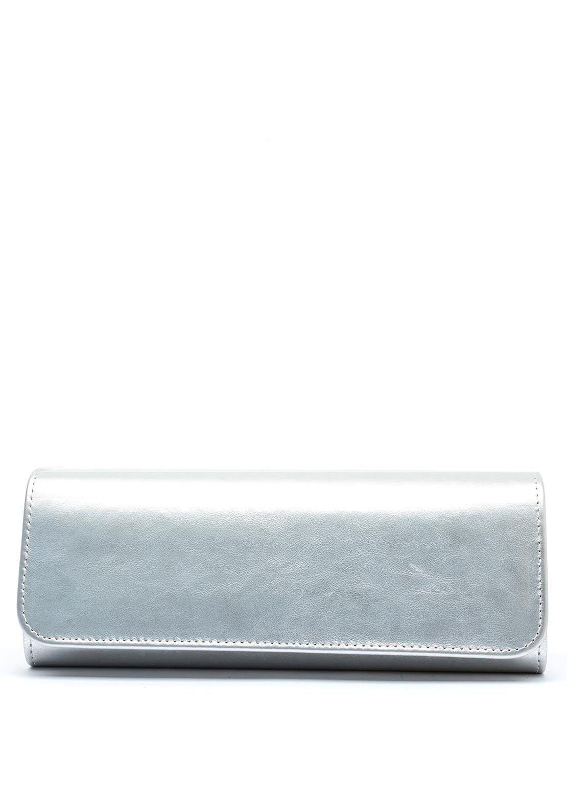 Emis Leather Fold Over Cylinder Clutch Bag, Silver