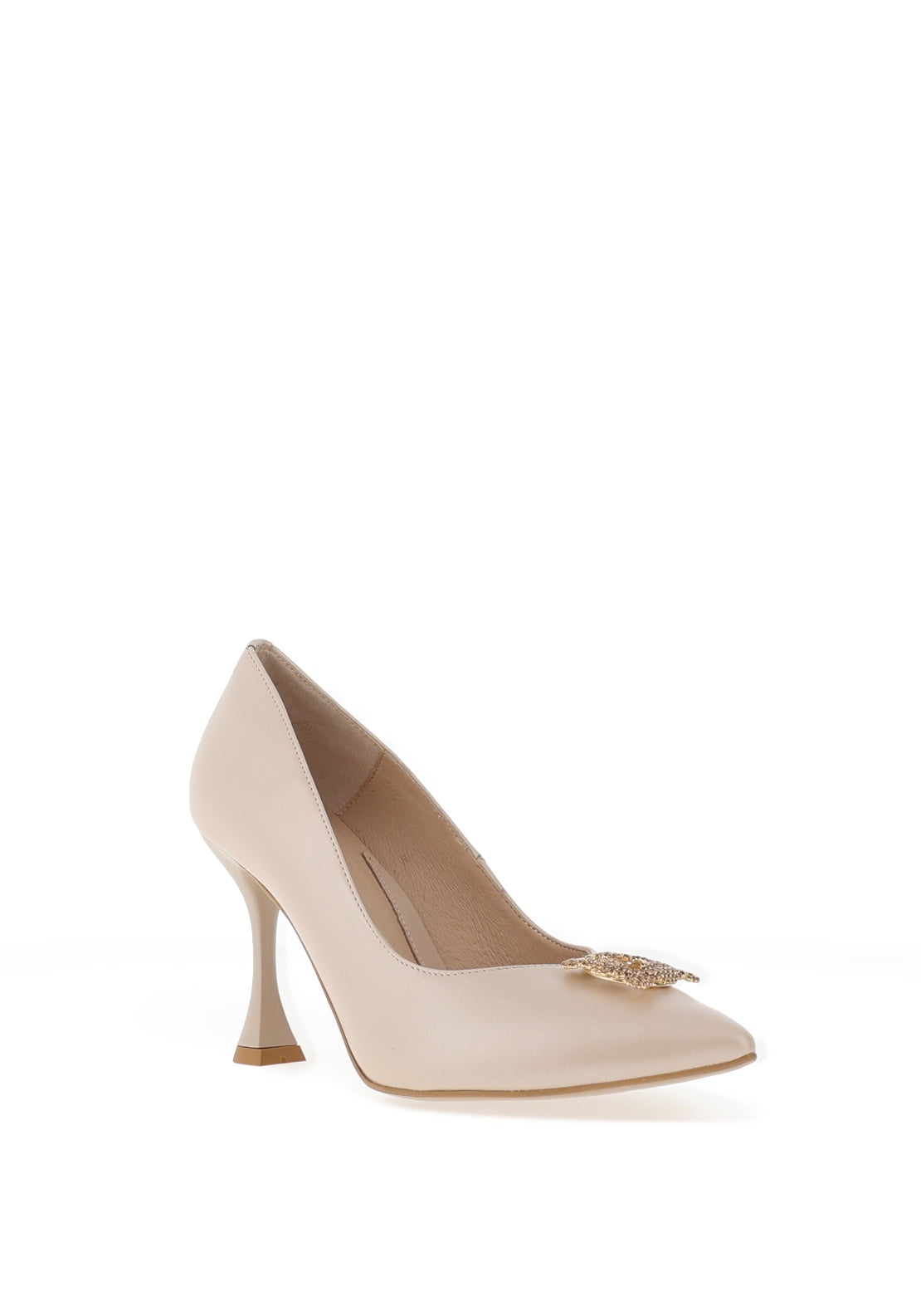 Emis Leather Diamante Encrusted Square Brooch Heeled Shoes, Beige