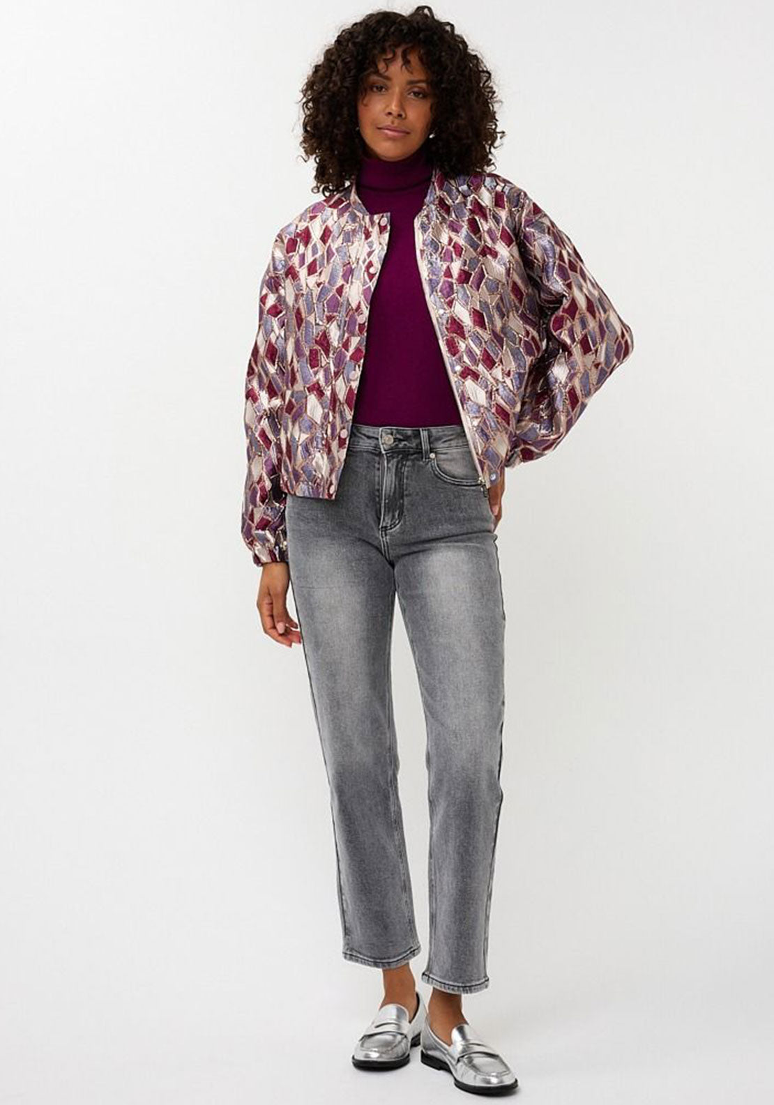 Esqualo Metallic Mosaic Bomber Jacket, Purple Multi