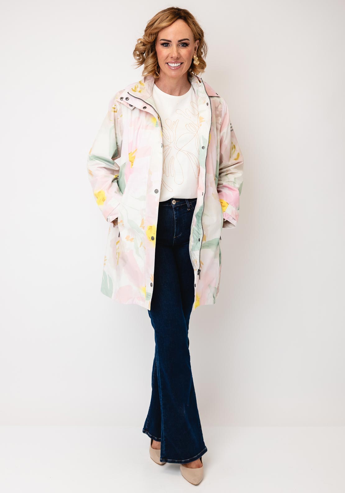 Etage Floral Print Waterproof Long Raincoat, Pink Multi