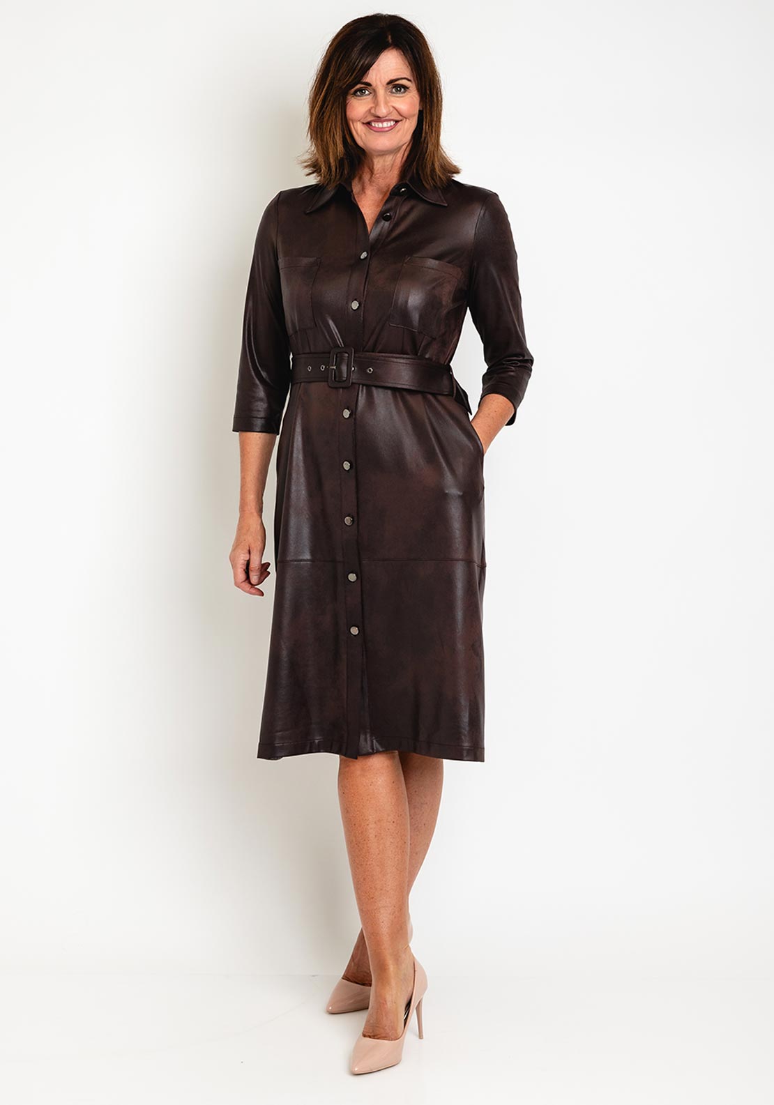 Eva Kayan Leather Look Midi Shirt Dress, Mocca - McElhinneys Eva Kayan Leather Look Midi Shirt Dress, Mocca - McElhinneys