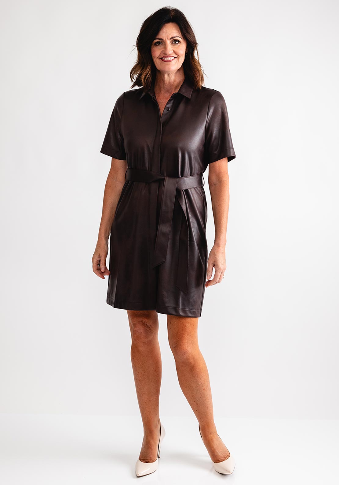 Eva Kayan Faux Leather Shirt Dress, Brown - McElhinneys Eva Kayan Faux Leather Shirt Dress, Brown - McElhinneys