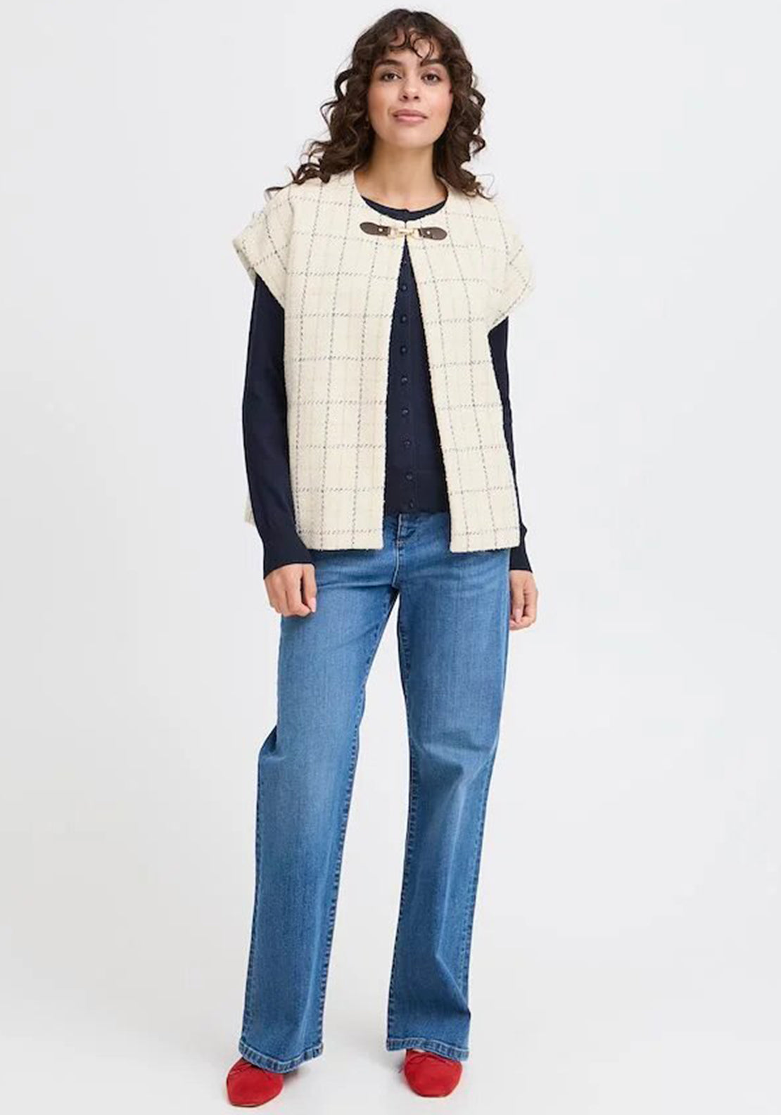 Fransa Chani Check Print Gilet, White Multi