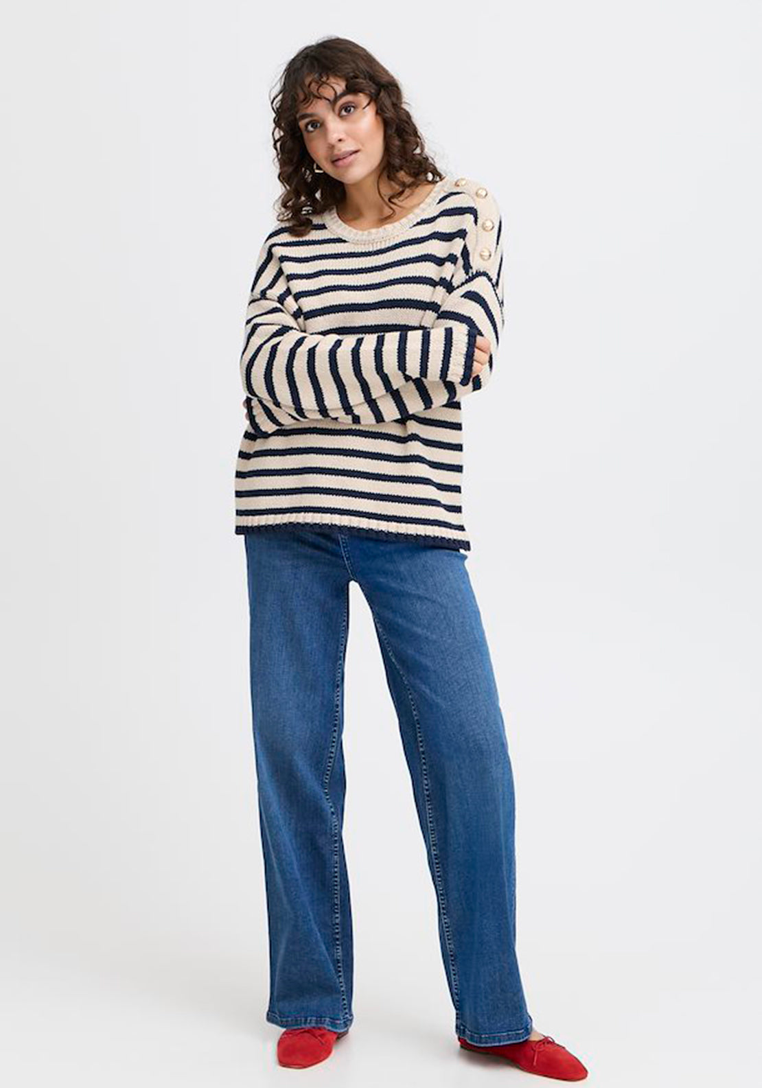 Fransa Belinda Button Details Striped Knit Jumper, Navy and Beige