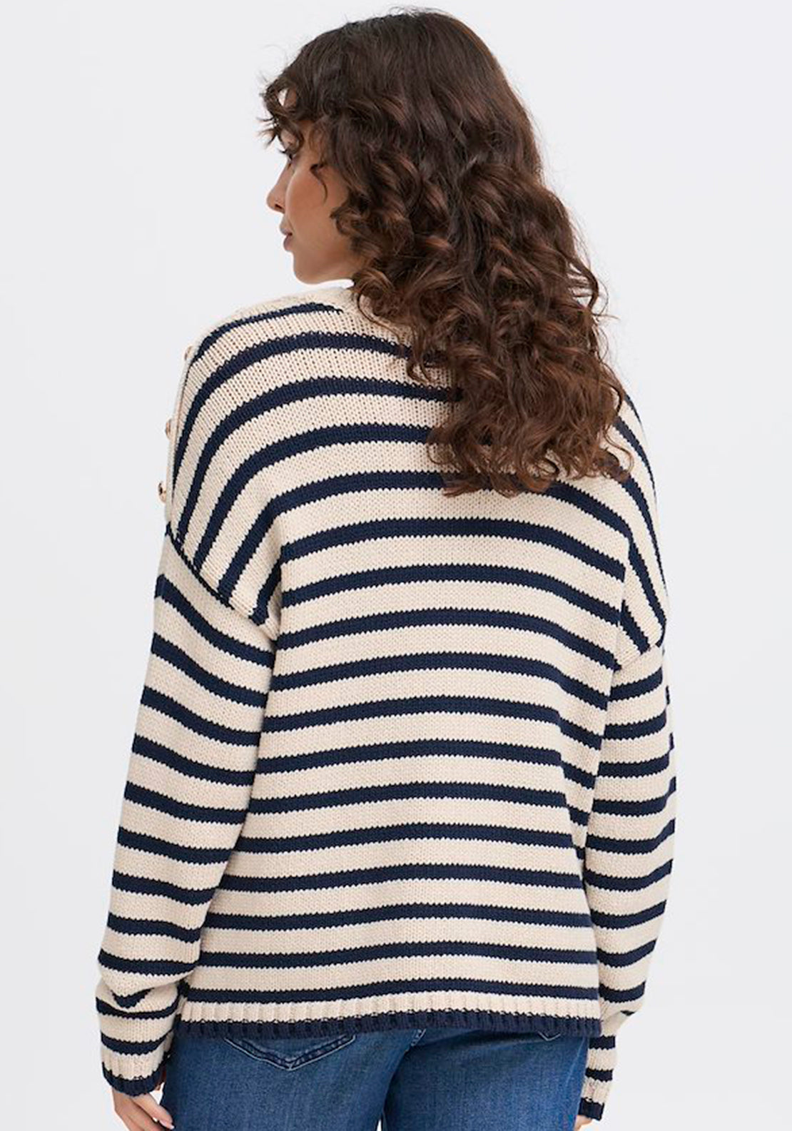 Fransa Belinda Button Details Striped Knit Jumper, Navy and Beige