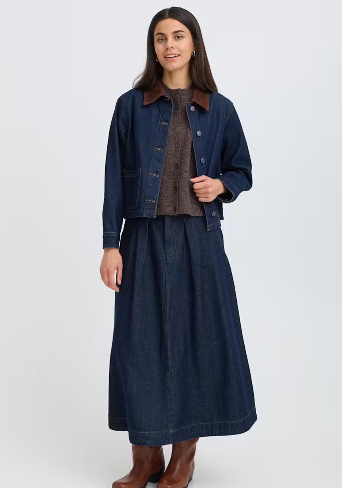 Fransa Leslie Cord Collar Denim Jacket, Dark Blue