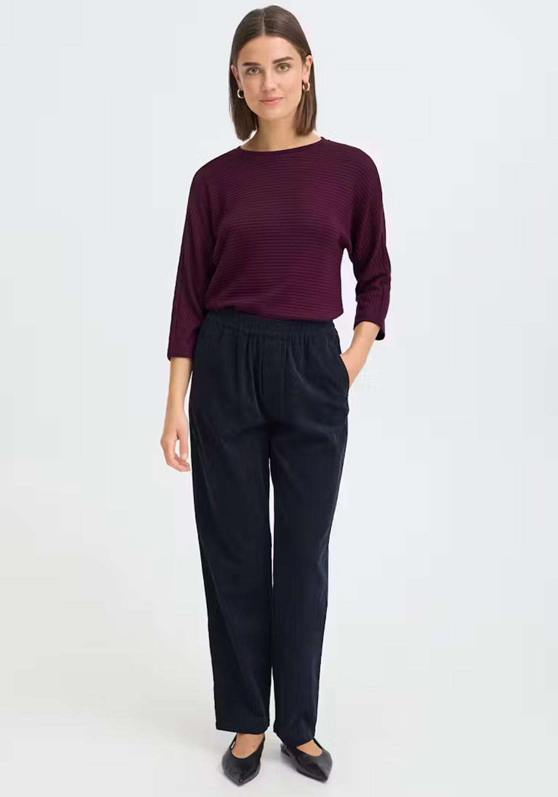 Fransa Ribbed Cropped Sleeve Top, Wine