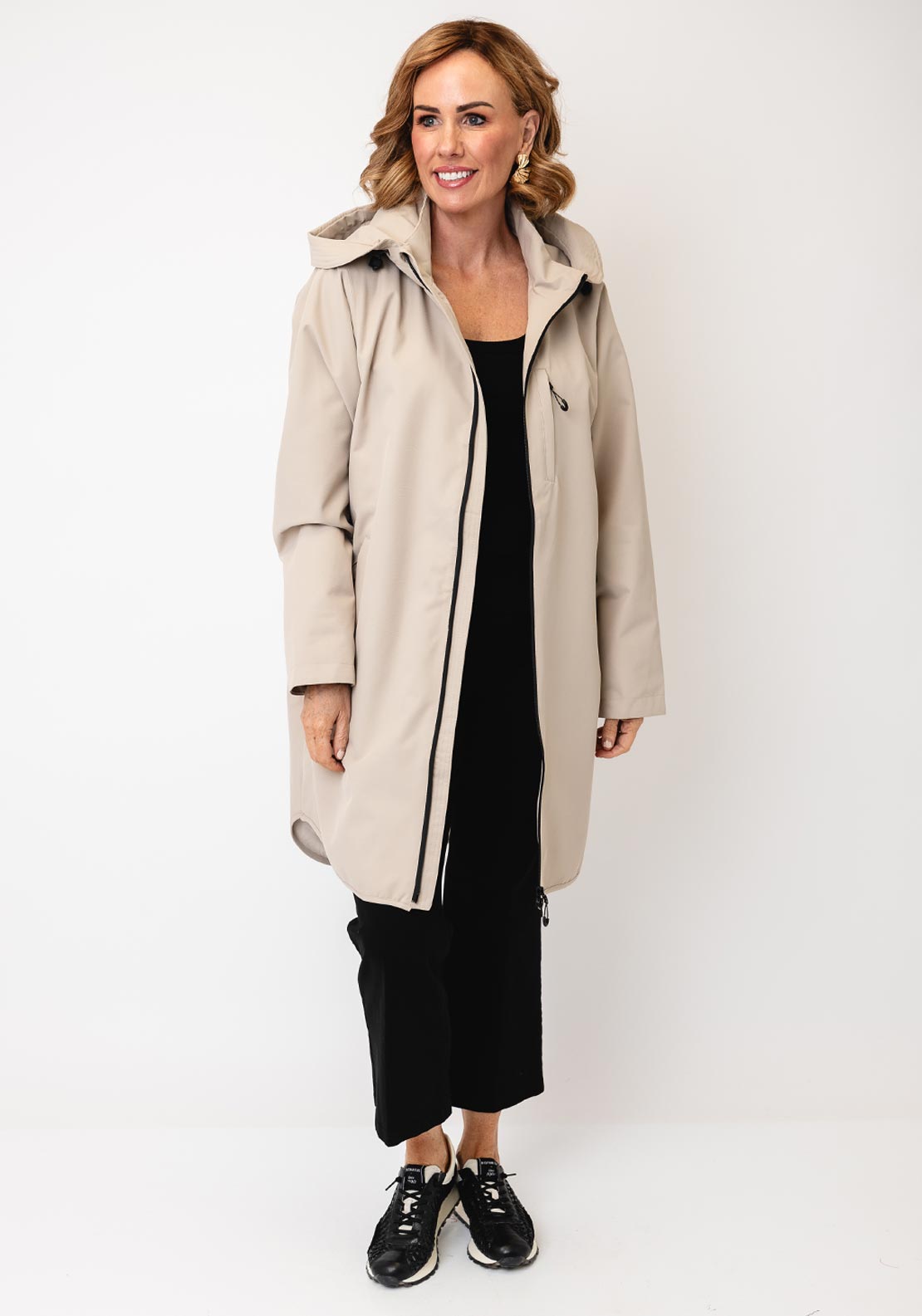 Fransa Longline Hooded Coat, Beige