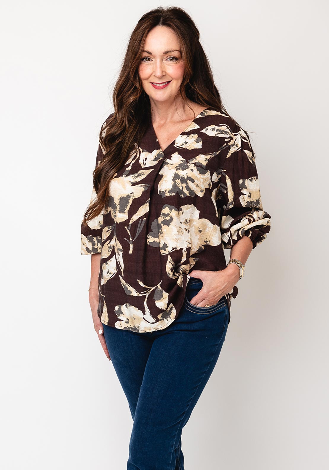 Fransa Ariana Floral V-Neck Slim Fit Top, Brown
