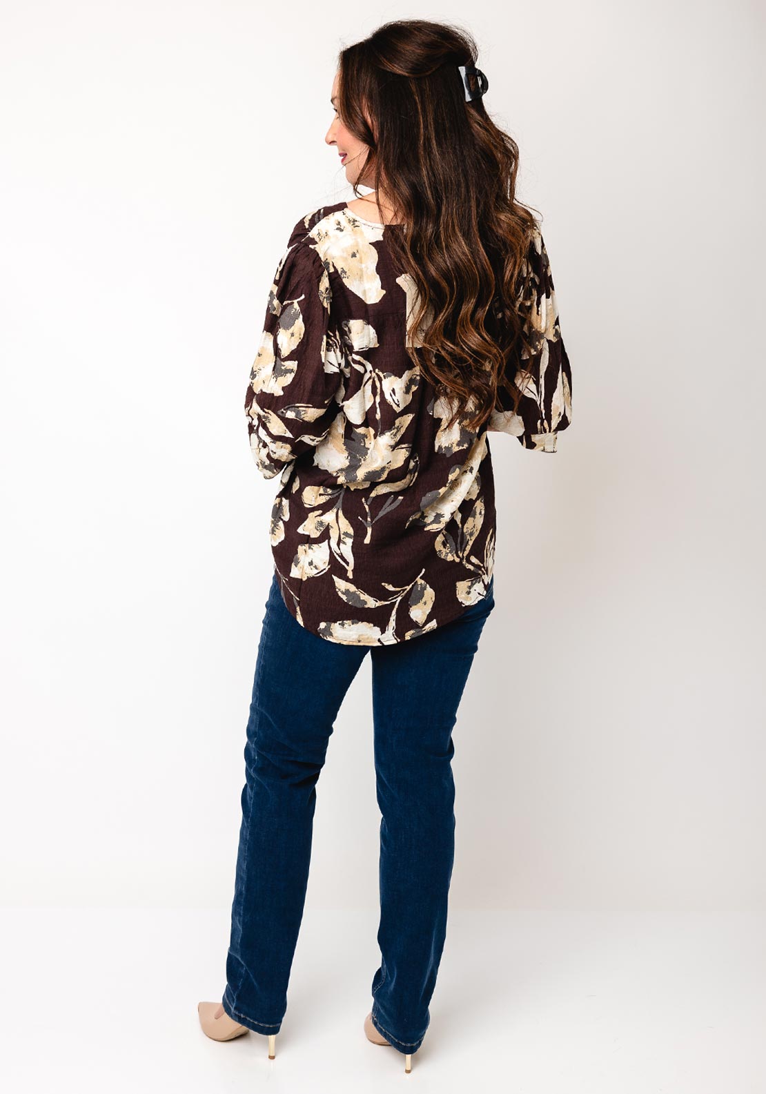 Fransa Ariana Floral V-Neck Slim Fit Top, Brown