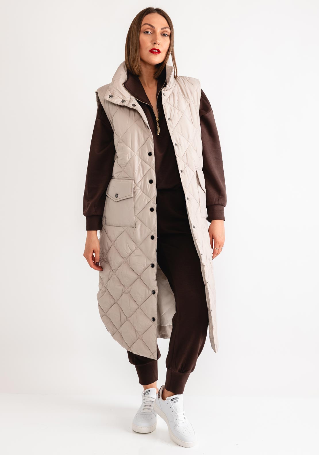 Freequent Long Quilted Gilet, Taupe - McElhinneys