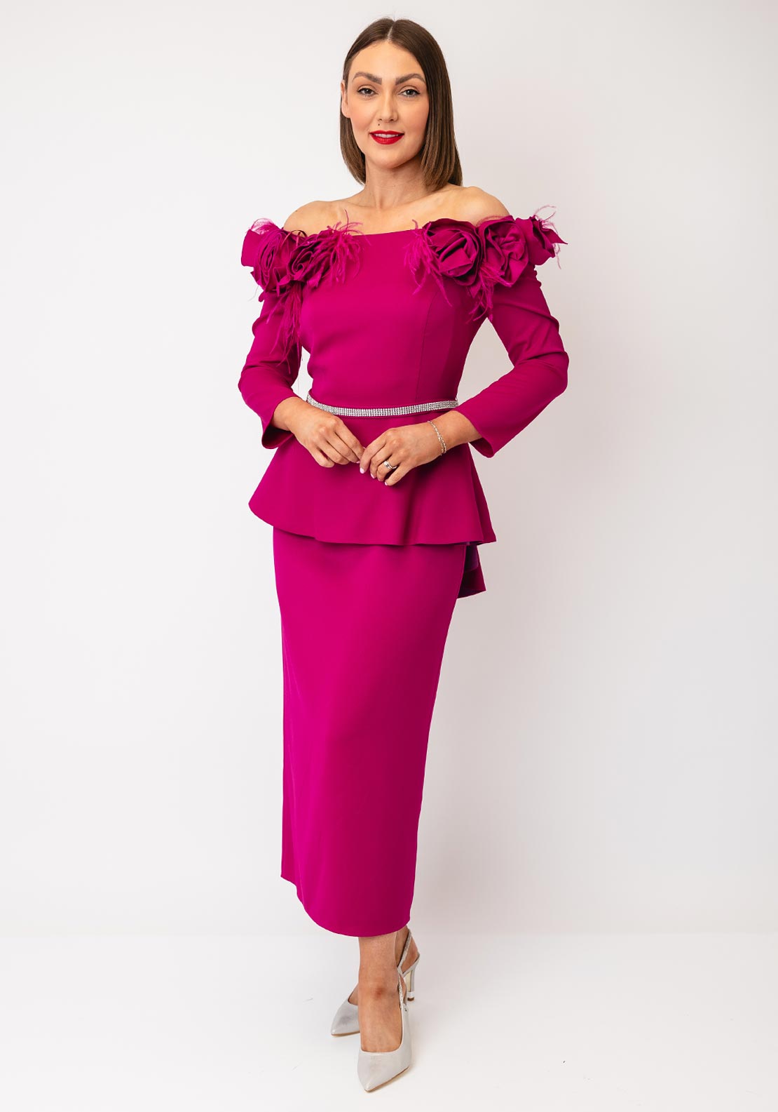 fuchsia peplum dress Pink Ruffled Peplum Dress With Lace Sleeves