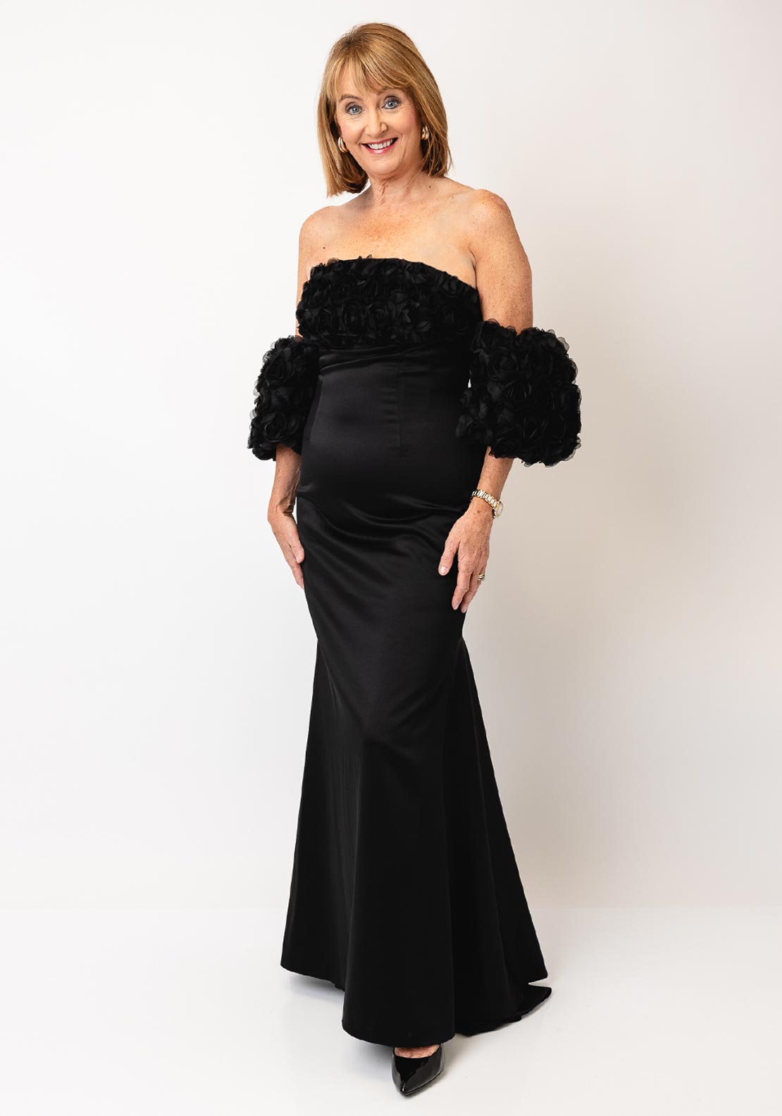 gabriela maxi dress Gabriela Sanchez Floral Appliqué Puff Sleeve Maxi Dress, Black