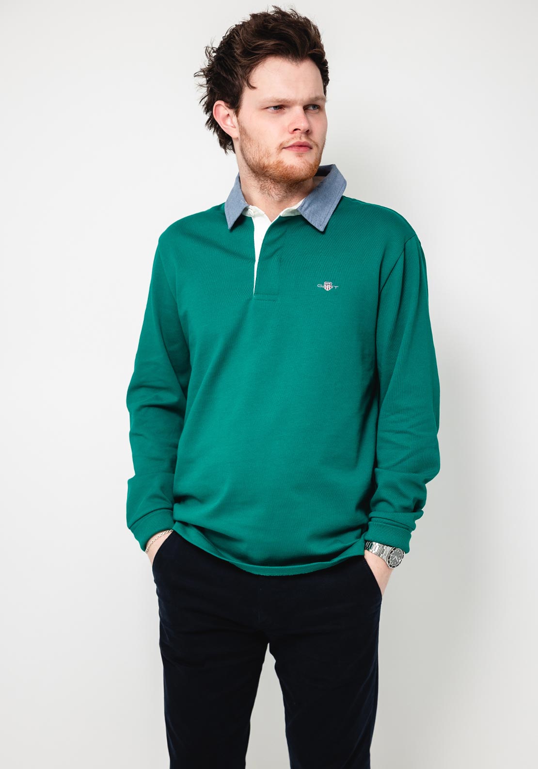 Gant Chambray Heavy Rugger Polo Shirt, Deep Green