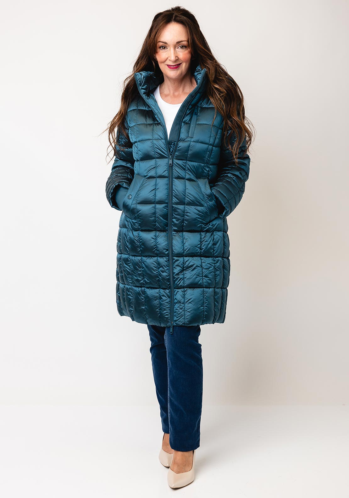 Gerry Weber Quilted Metallic Water Repellent Long Coat, Blue