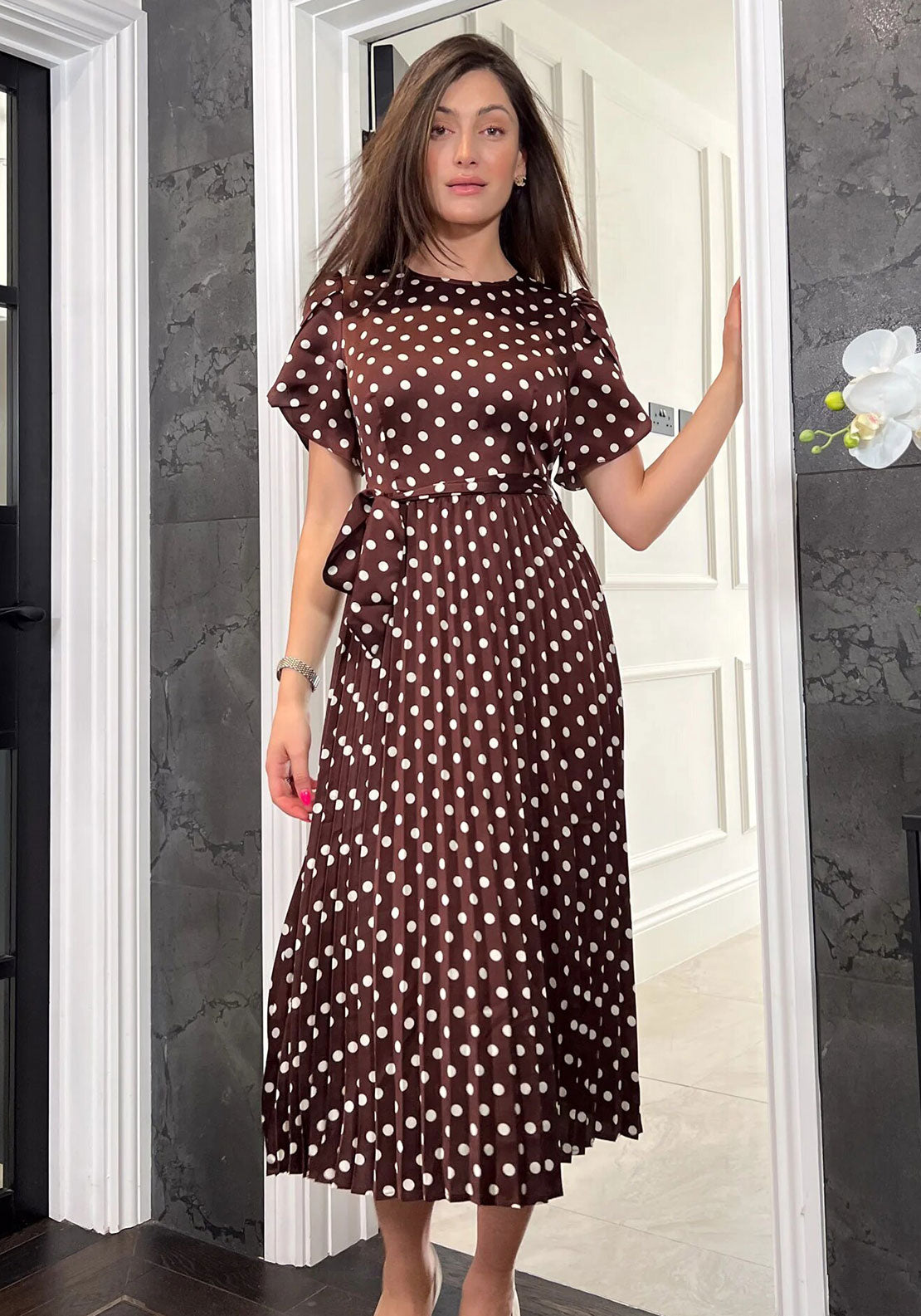princess polly baby blue dress Girl In Mind Calista Polka Dot Pleated Midi Dress, Brown