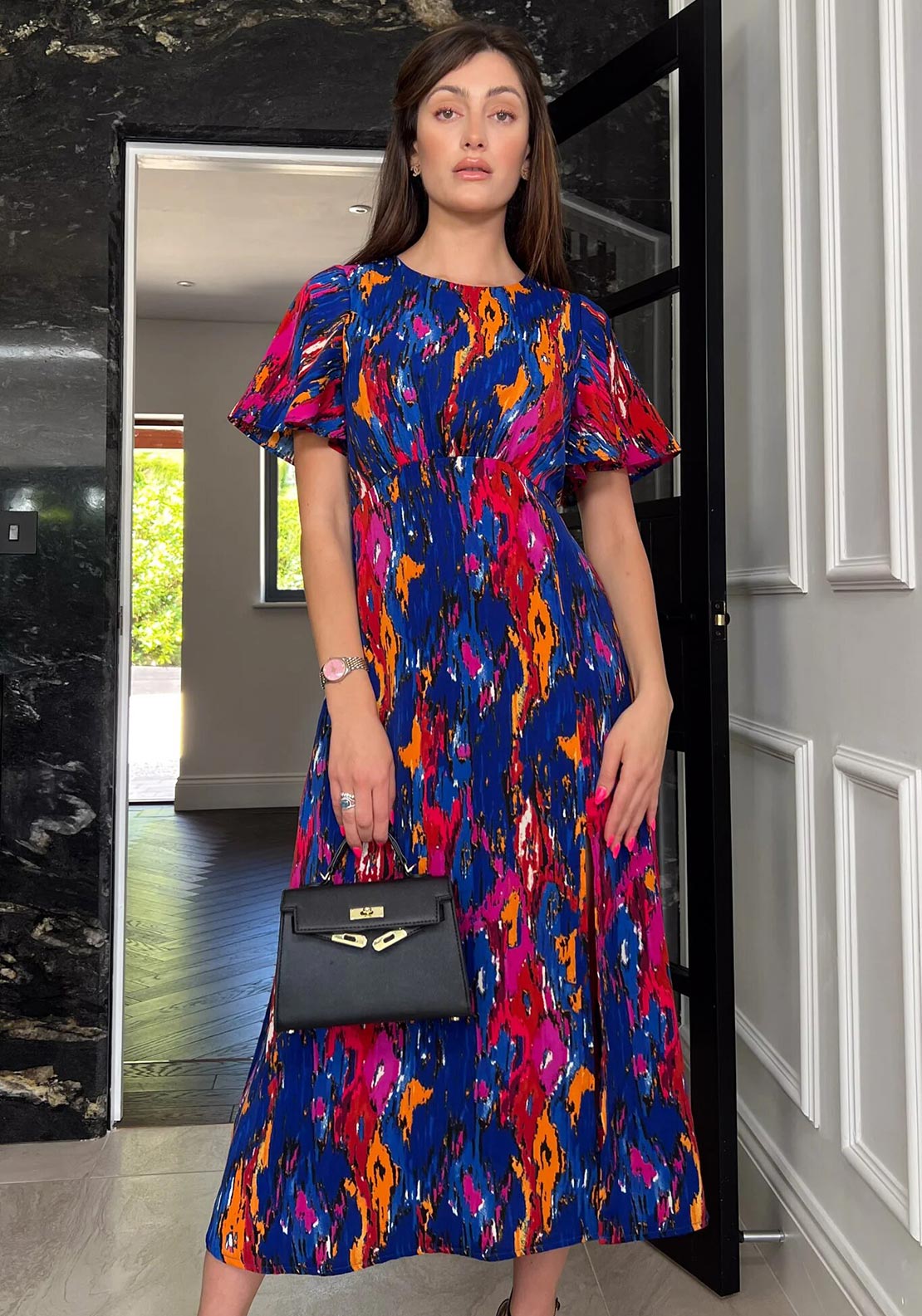 Girl In Mind Britney Angel Sleeve Abstract Midi Dress, Cobalt Blue -  McElhinneys