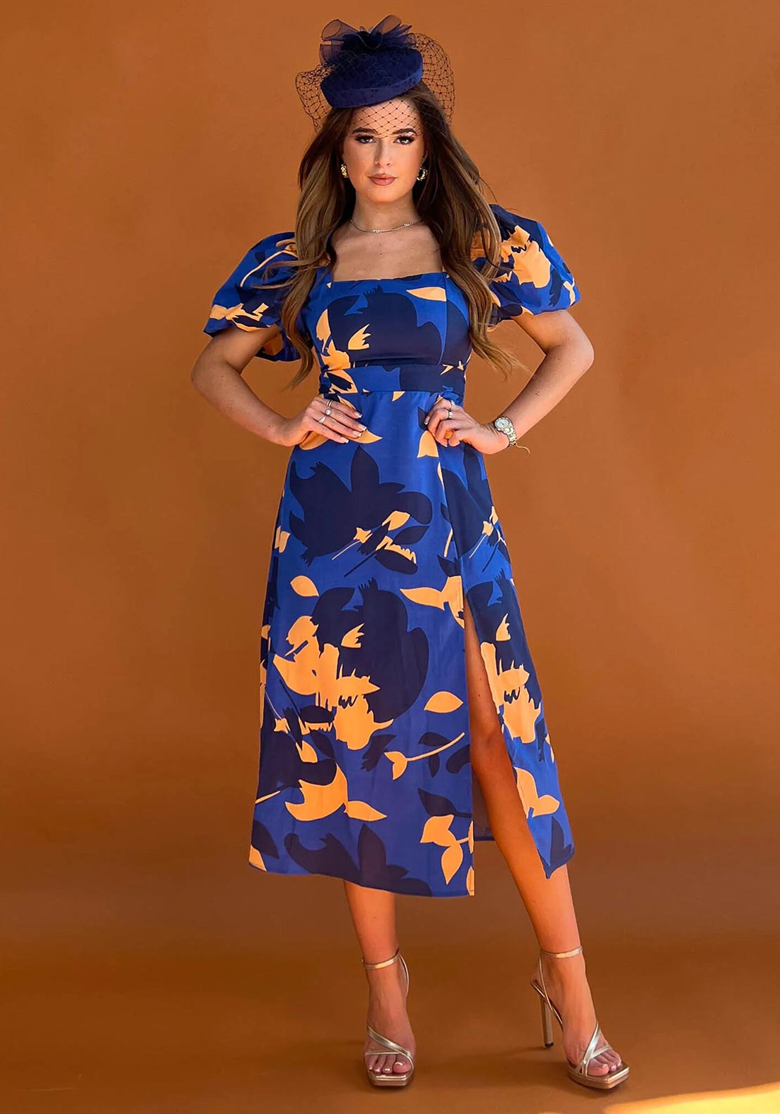 strapless open back dress Real Love Blue/Orange Floral Midi Dress – Shop the Mint main image 0