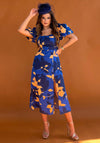 Girl In Mind Chanice Square Neck Floral Midi Dress, Cobalt Blue & Orange