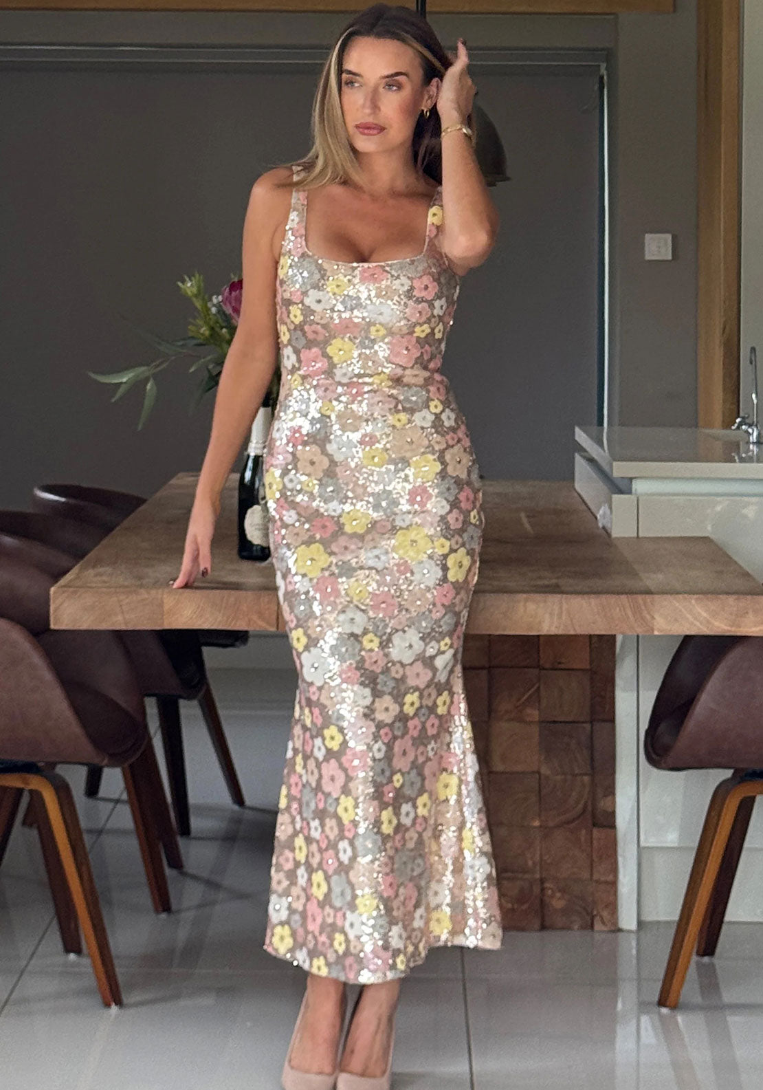 Girl in Mind Lisbon Sequin Flower Square Neck Dress, Gold