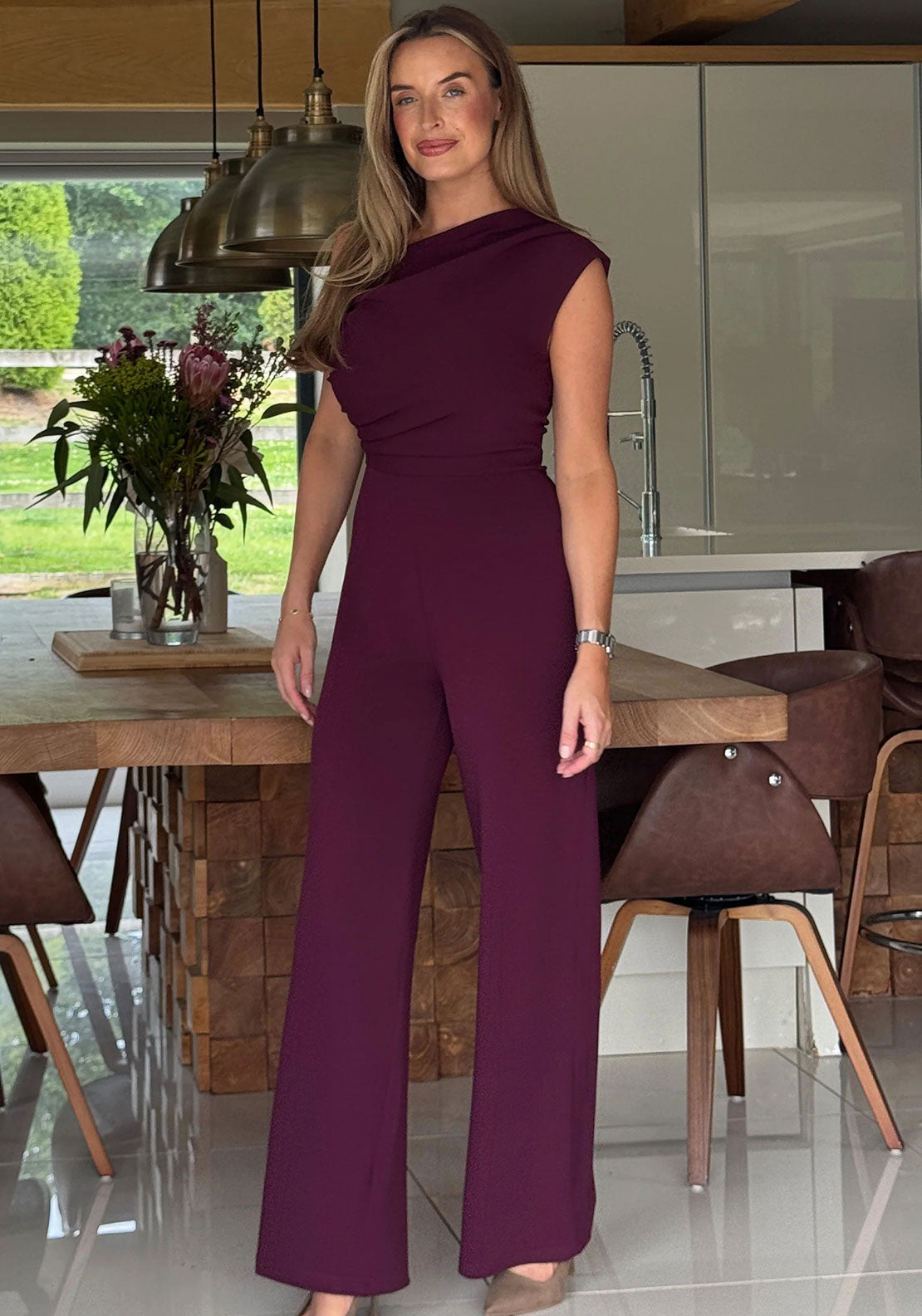 Girl in Mind Donna Asymmetric Neckline Jumpsuit, Wine