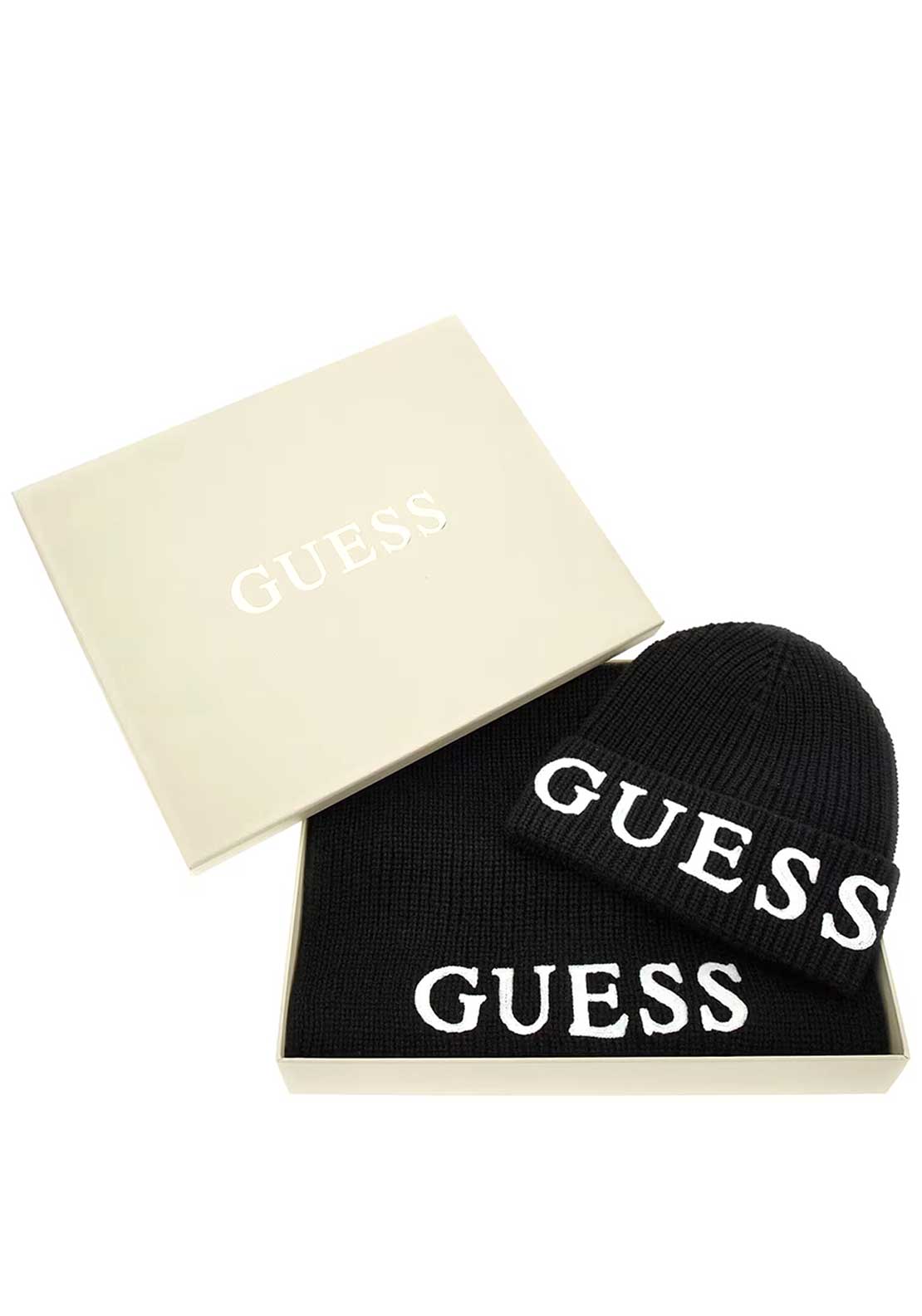 Guess Logo Ribbed Hat and Scarf Gift Set, Black - McElhinneys display picture 2