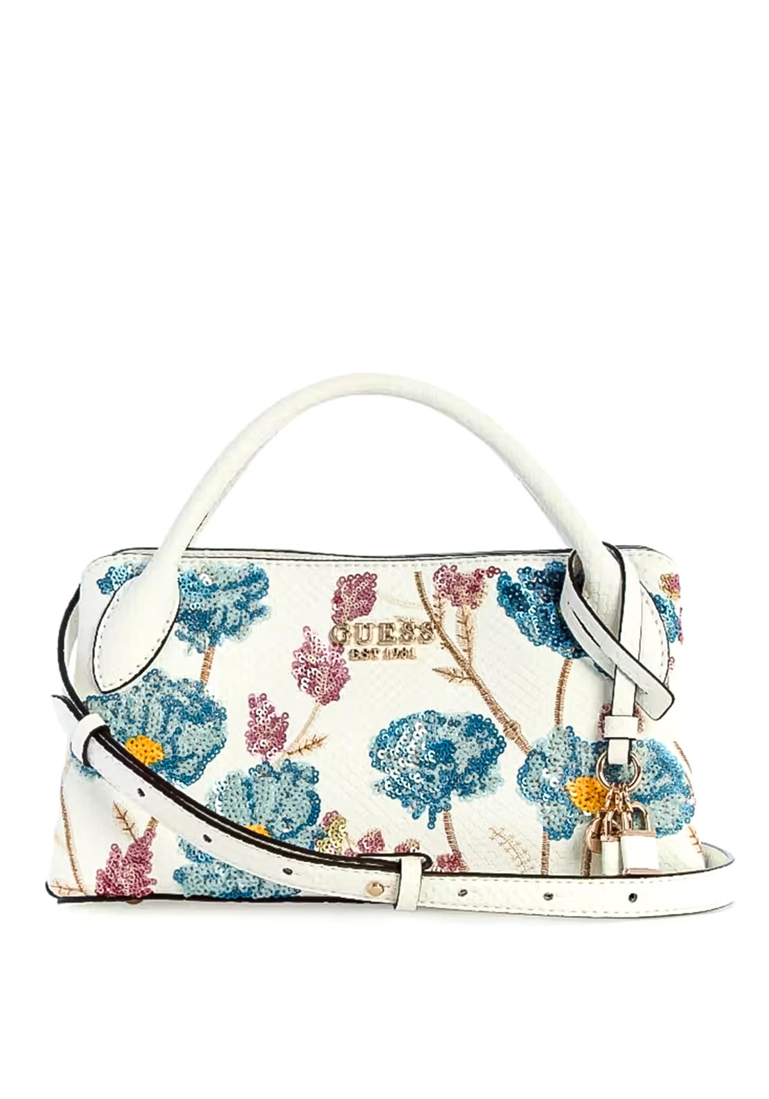 Guess Zaria Sequin Floral Crossbody Mini Satchel Bag, White