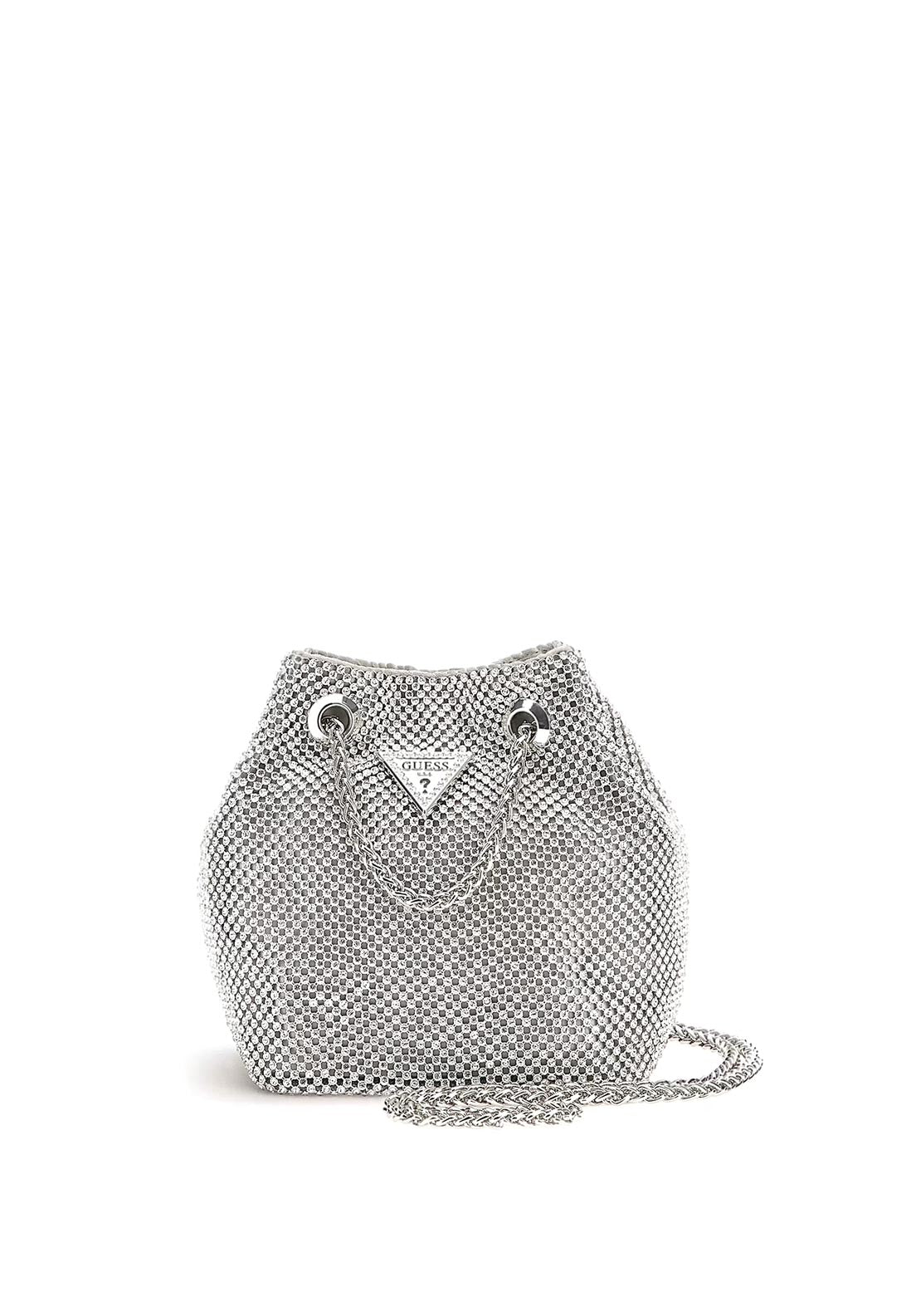 Guess Lua Rhinestone Mini Bucket Bag, Silver
