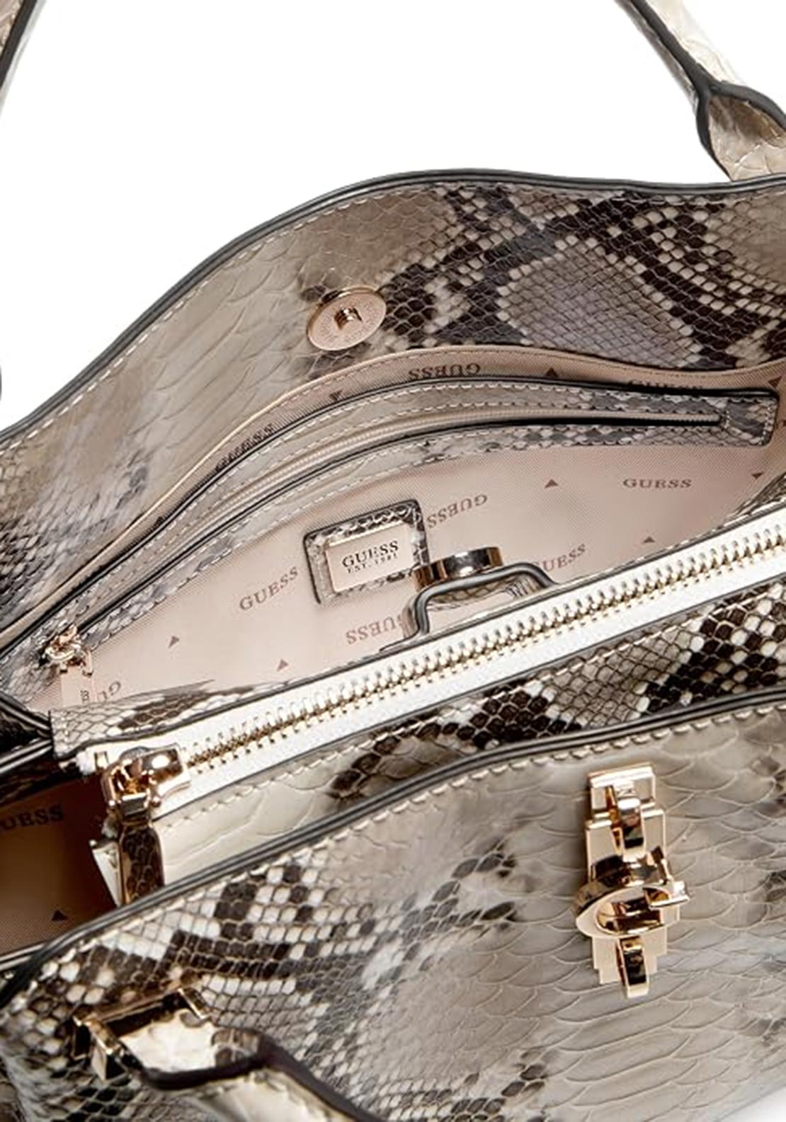 Guess Yvonne Snake Print Small Girlfriend Satchel Bag, Beige Multi