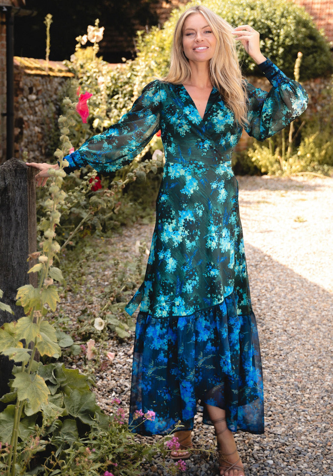 Hope and Ivy Briony Floral V-Neck Wrap Dress, Blue and Green - McElhinneys Hope and Ivy Briony Floral V-Neck Wrap Dress, Blue and Green - McElhinneys