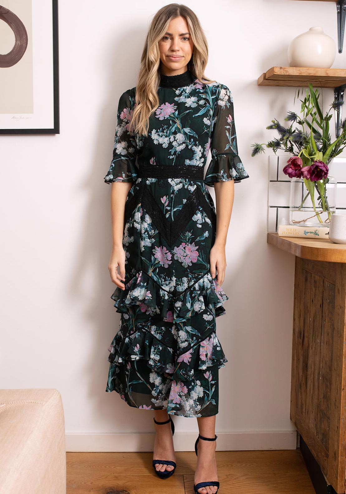 Hope & Ivy Ellen Ruffle Skirt Floral Midi Dress, Green and Pink - McElhinneys Hope & Ivy Ellen Ruffle Skirt Floral Midi Dress, Green and Pink - McElhinneys