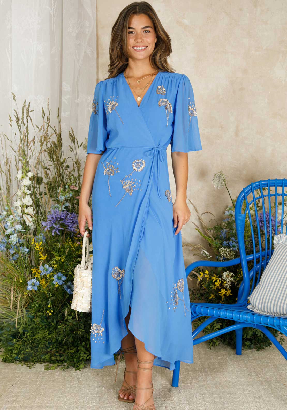 royal blue dress walmart Hope and Ivy Mallory Embellished Wrap Dress, Blue