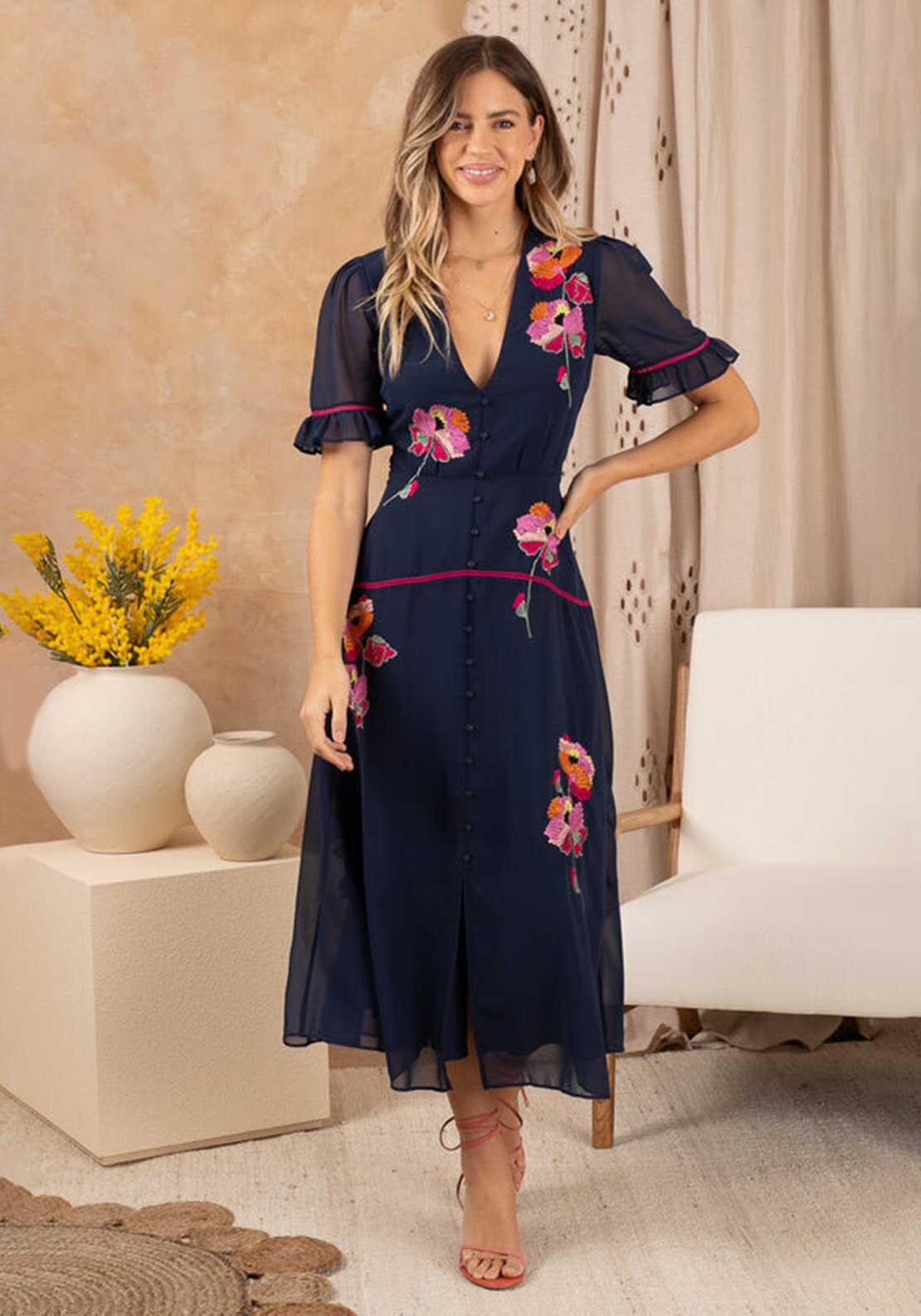 Hope Ivy Niamh Embroidered Frill Sleeve Button Front Midi Dress, Nav