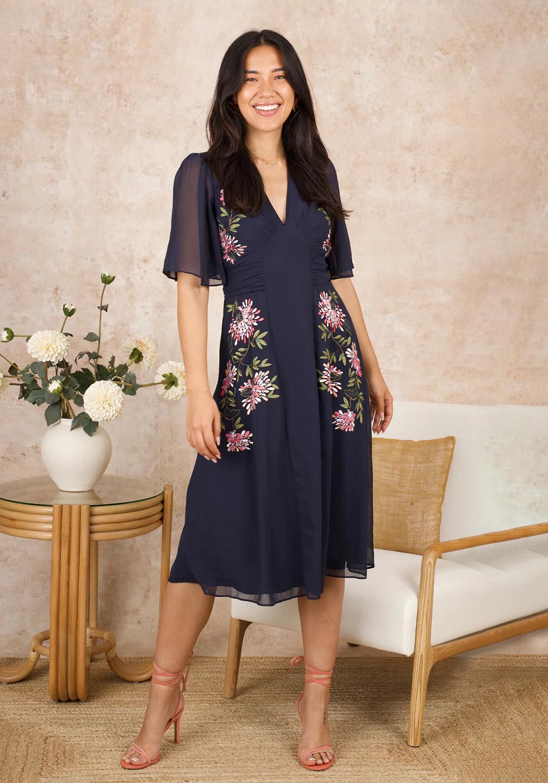 Hope & Ivy Tiffany Embroidered Flutter Sleeve Midi Dress, Navy Hope & Ivy Tiffany Embroidered Flutter Sleeve Midi Dress, Navy