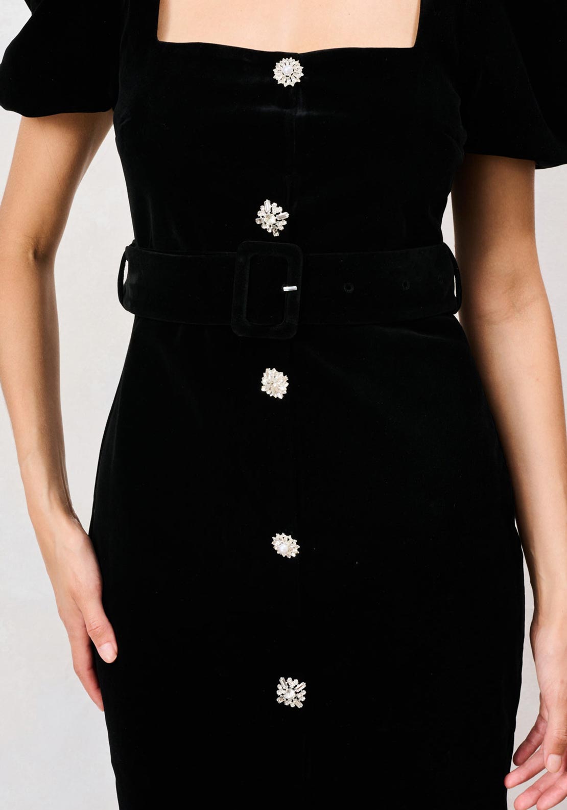 Hope & Ivy Dorinda Velvet with Embellished Button Pencil Dress, Black